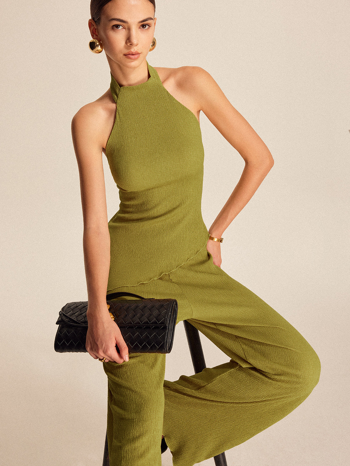 Halter Yaka Sırtı Açık Pantolon Takım