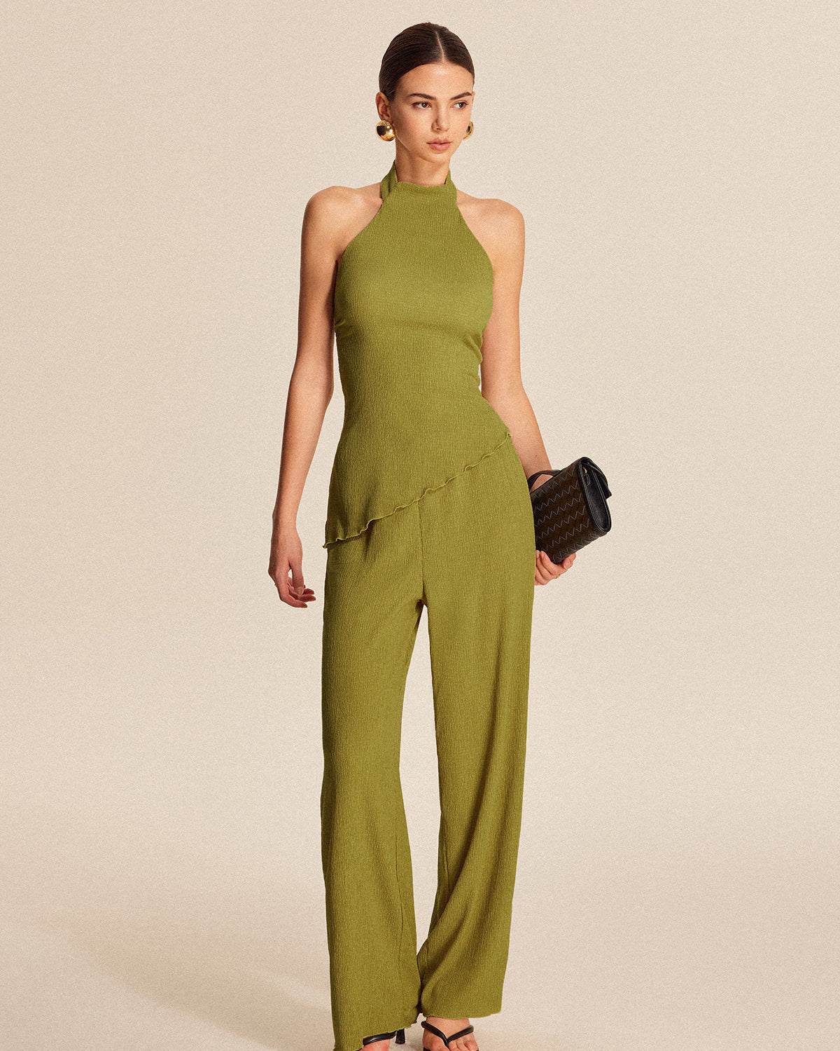 Halter Yaka Sırtı Açık Pantolon Takım