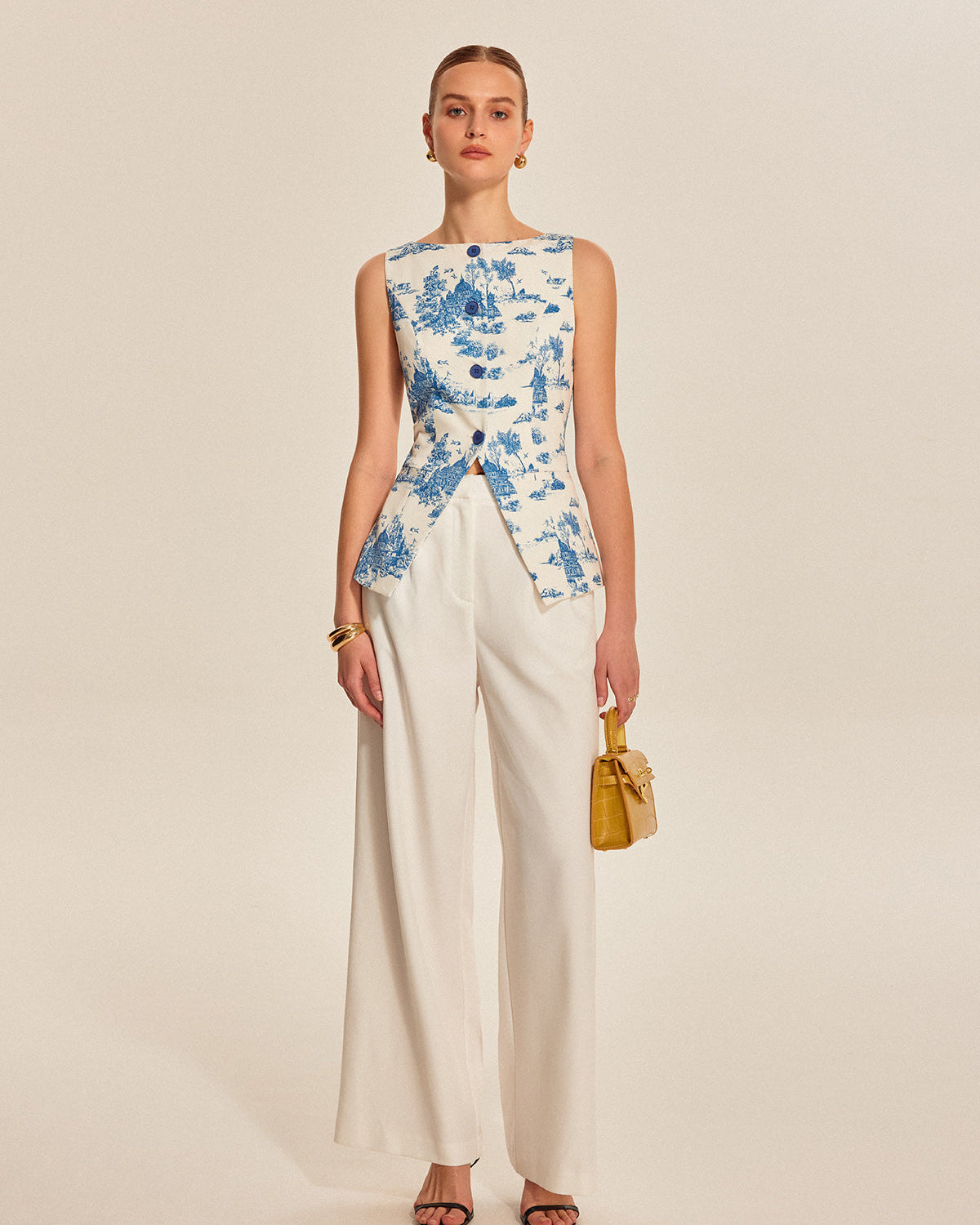 Baskılı Kolsuz Yırtmaç Detaylı Yelek