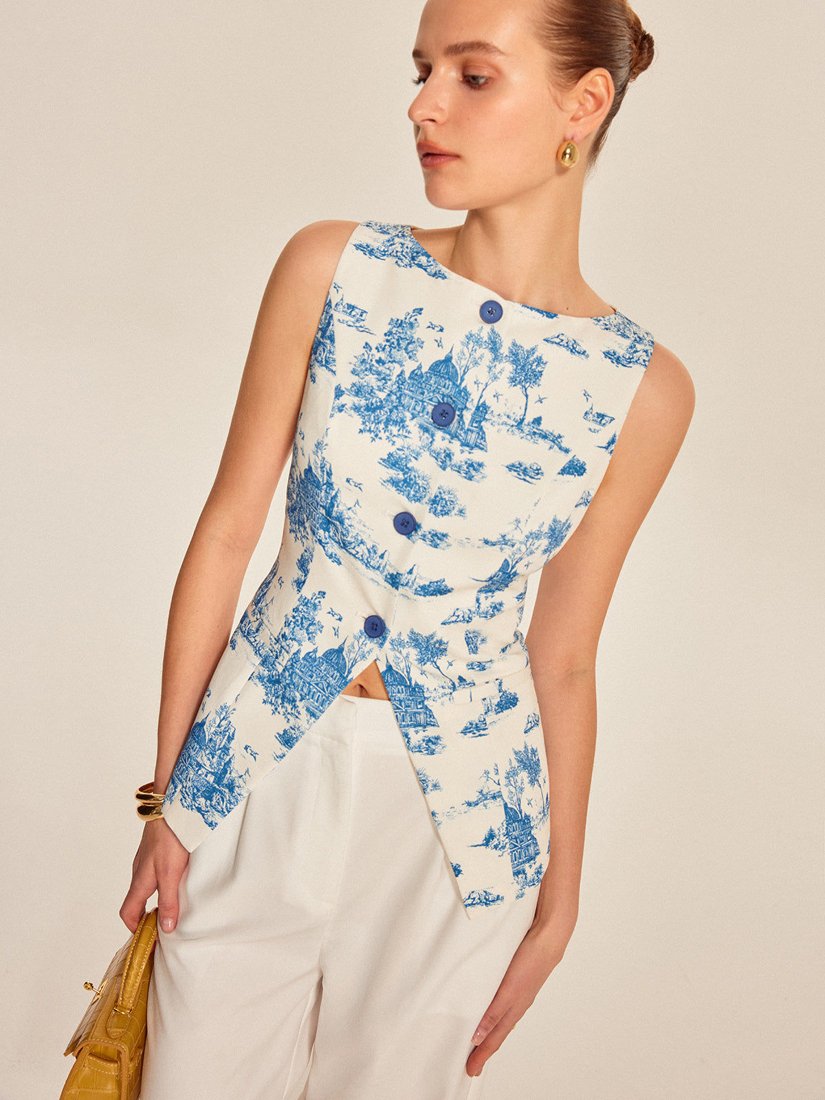 Baskılı Kolsuz Yırtmaç Detaylı Yelek