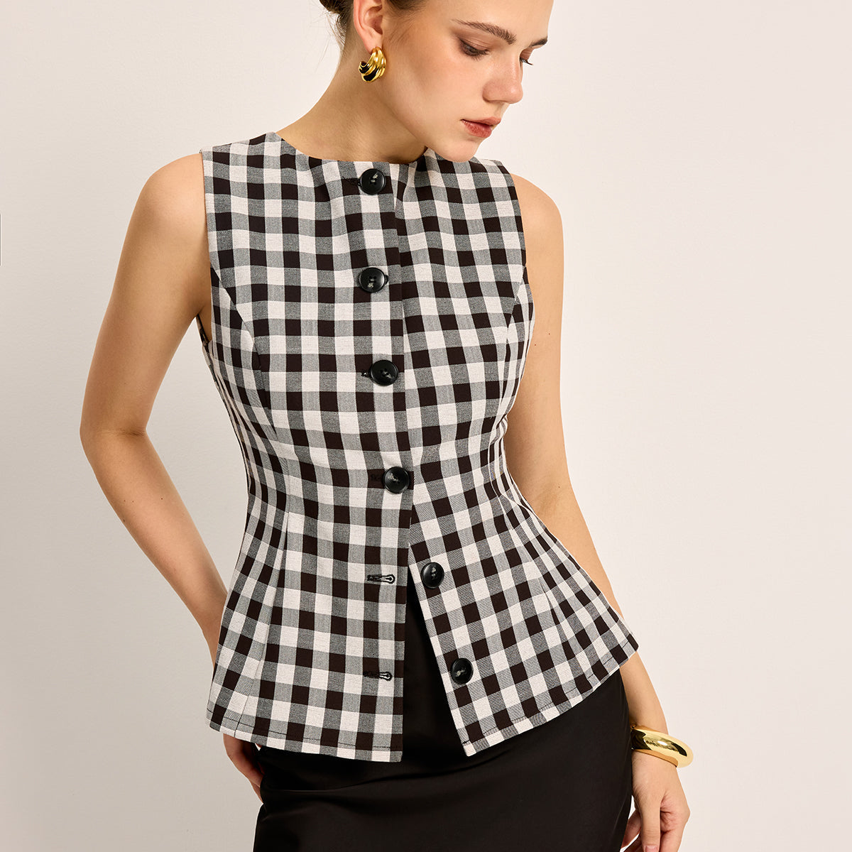 Ekose Düğmeli Bağlamalı Üst