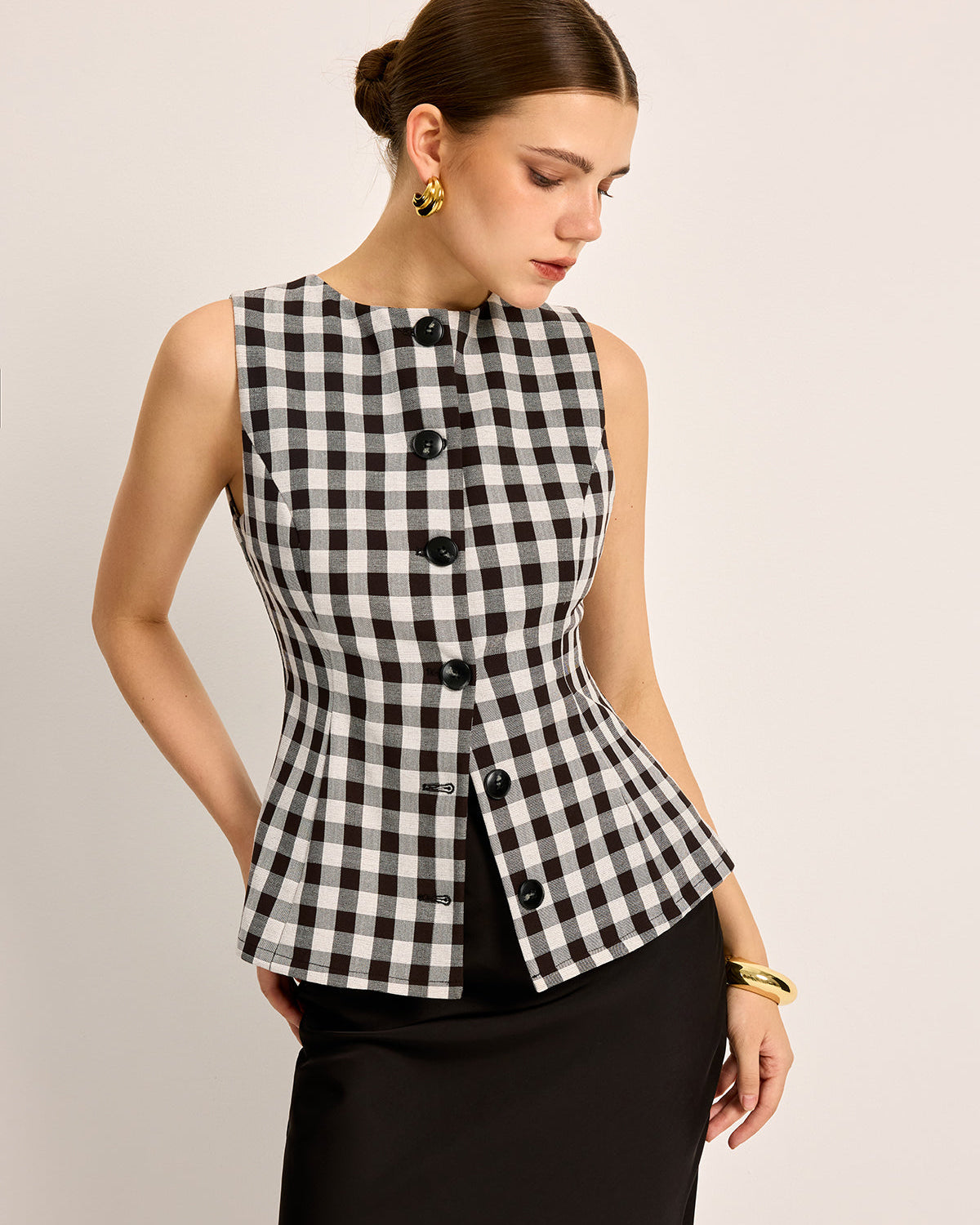 Ekose Düğmeli Bağlamalı Üst