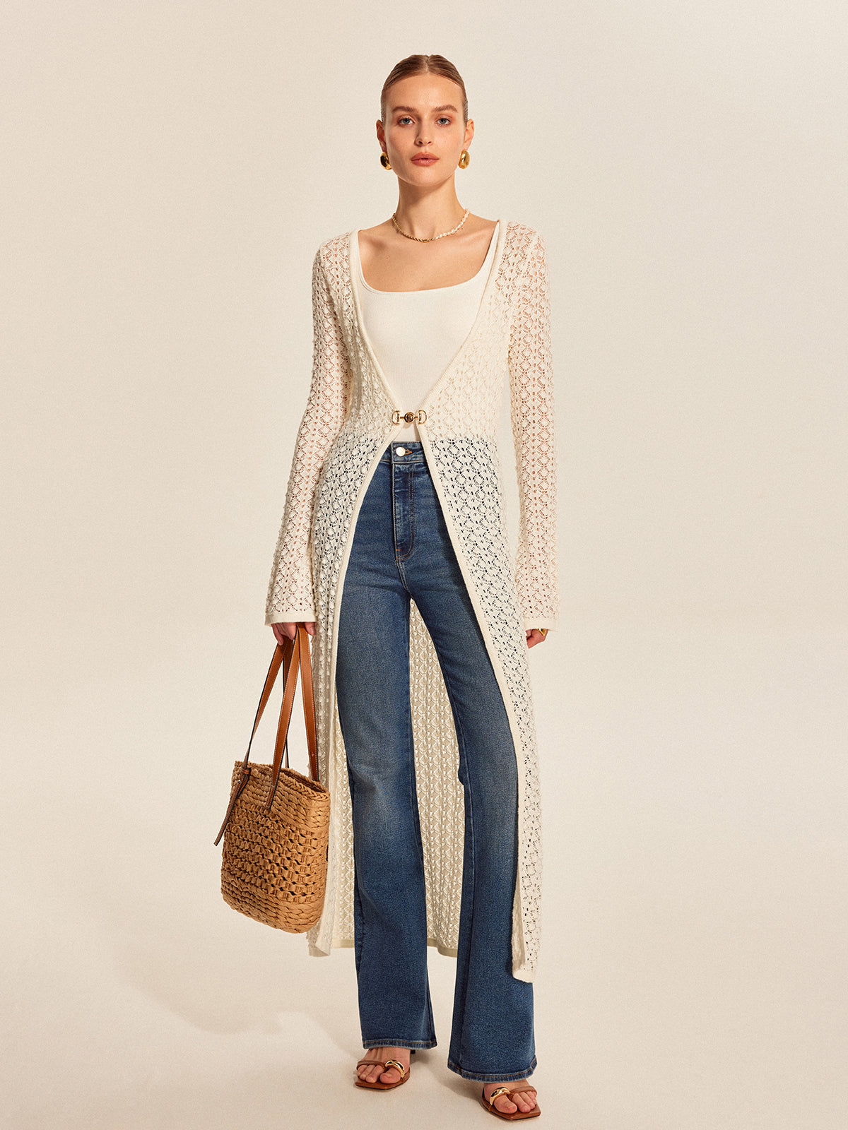 Dantel Görünümlü Metal Detaylı Triko Hırka