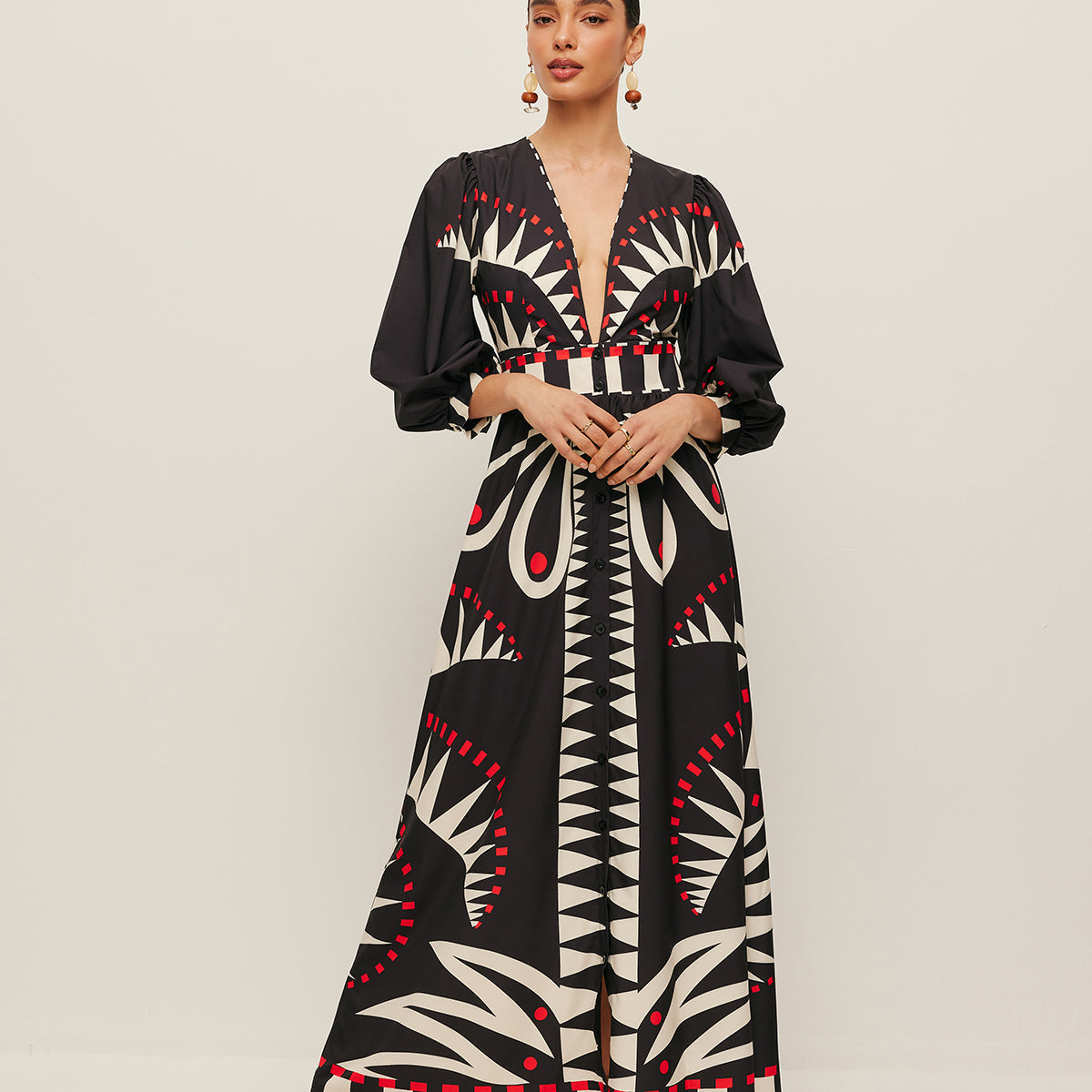 Bohem Desenli V Yaka Yırtmaçlı Maxi Elbise