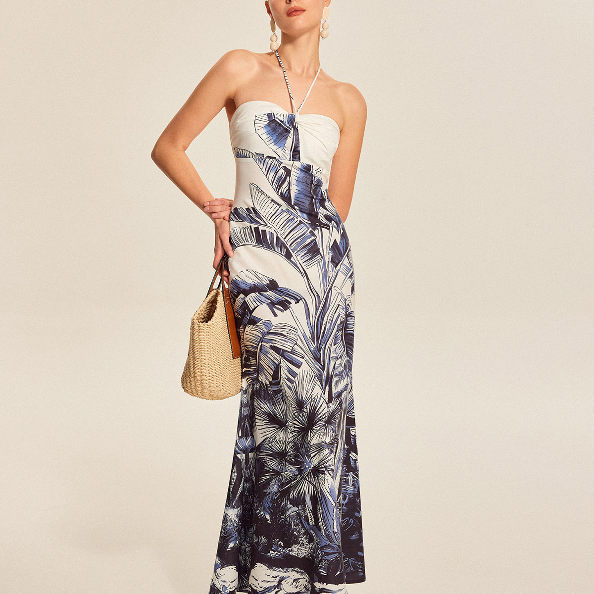 Baskılı Bağlamalı Halter Askısız Elbise