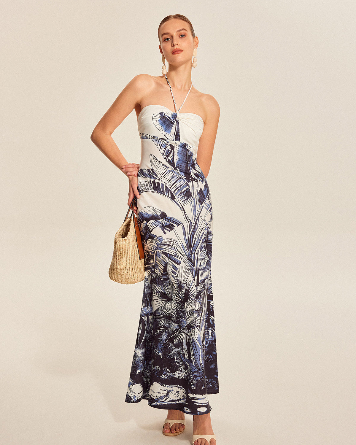 Baskılı Bağlamalı Halter Askısız Elbise