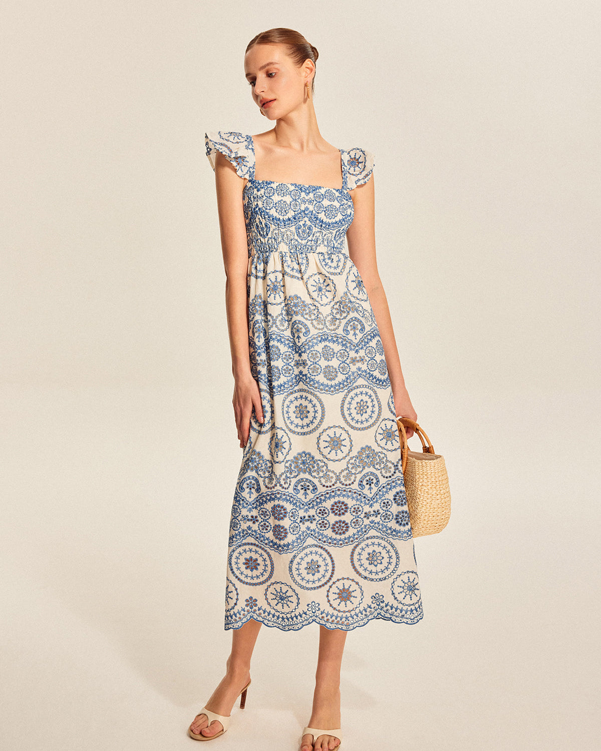 Yarım Şeffaf Boho Çiçekli Sırt Yırtmaç Elbise