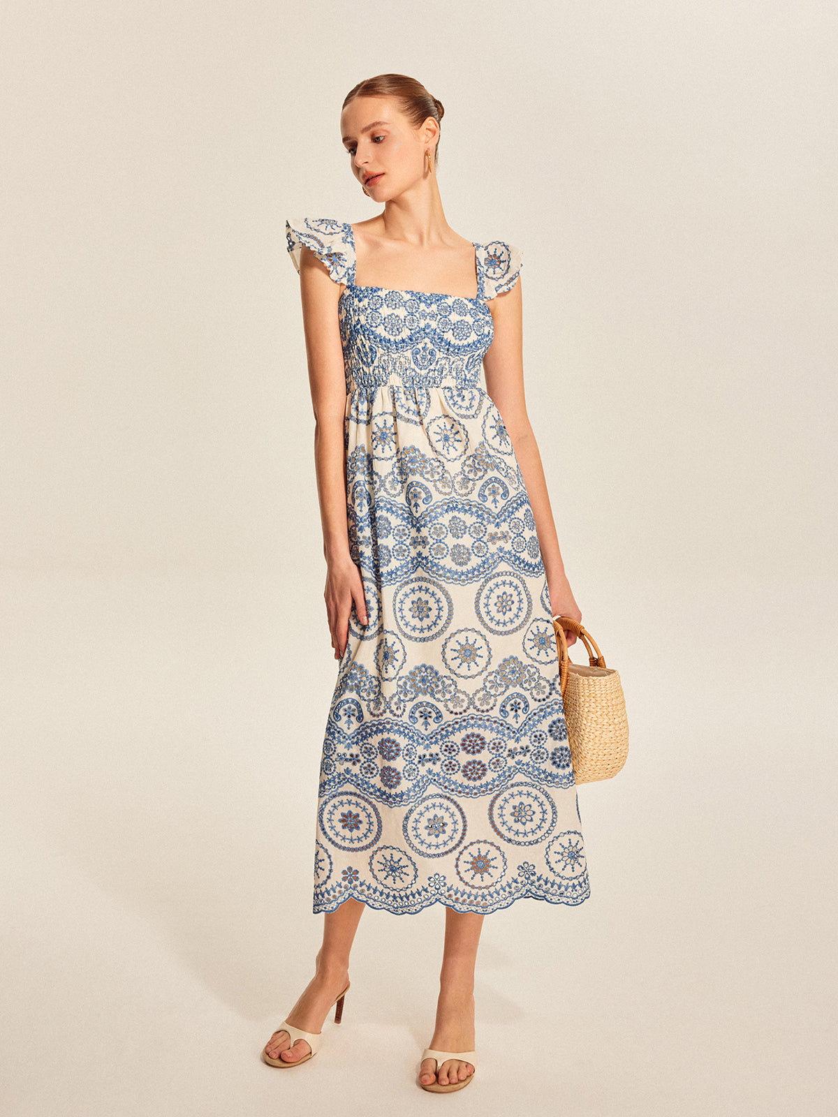 Yarım Şeffaf Boho Çiçekli Sırt Yırtmaç Elbise