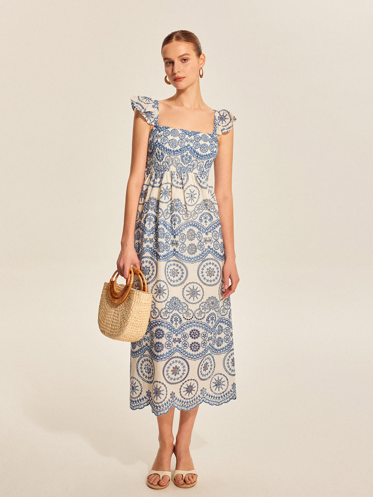 Yarım Şeffaf Boho Çiçekli Sırt Yırtmaç Elbise