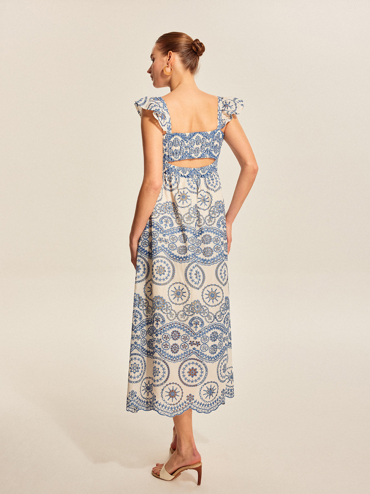 Yarım Şeffaf Boho Çiçekli Sırt Yırtmaç Elbise