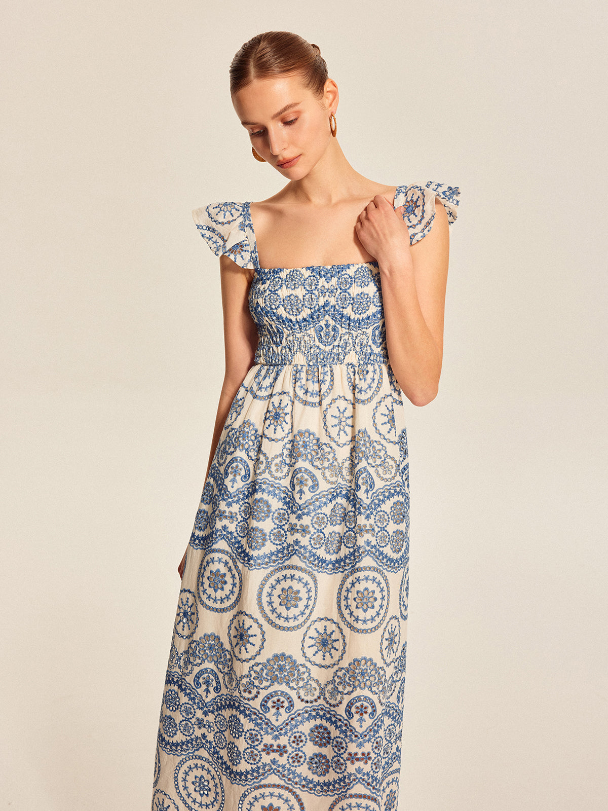 Yarım Şeffaf Boho Çiçekli Sırt Yırtmaç Elbise