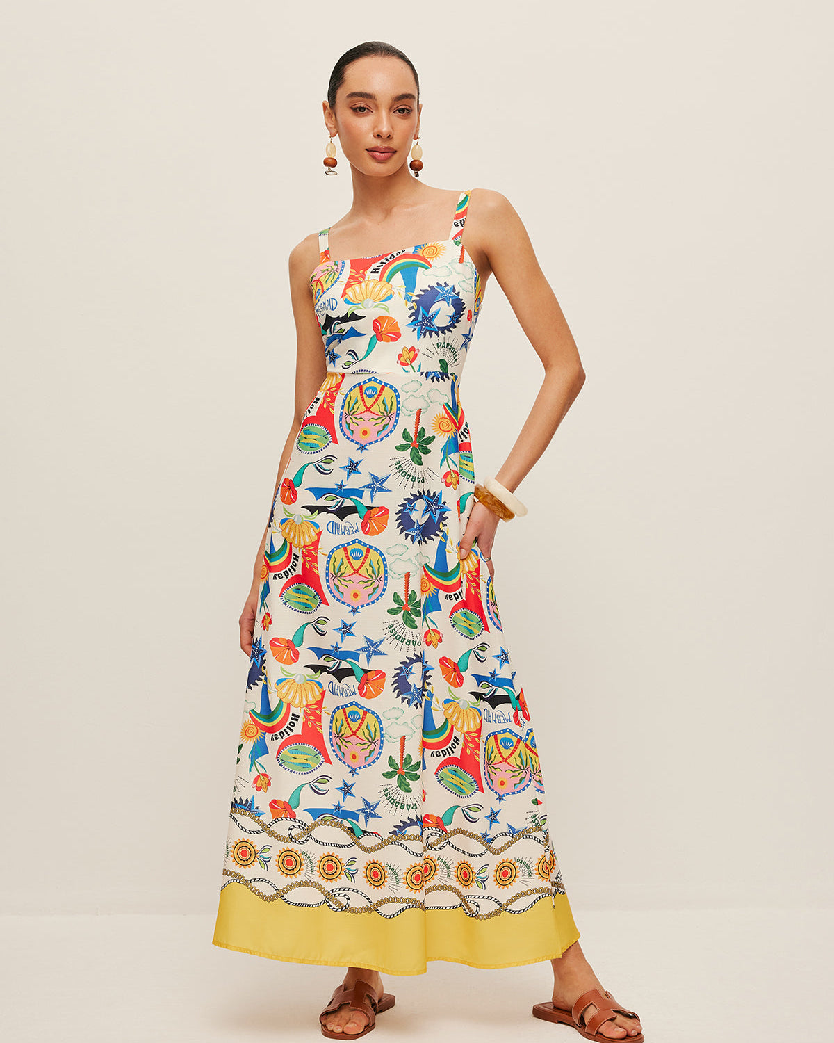 Renkli Desenli Askılı Elbise