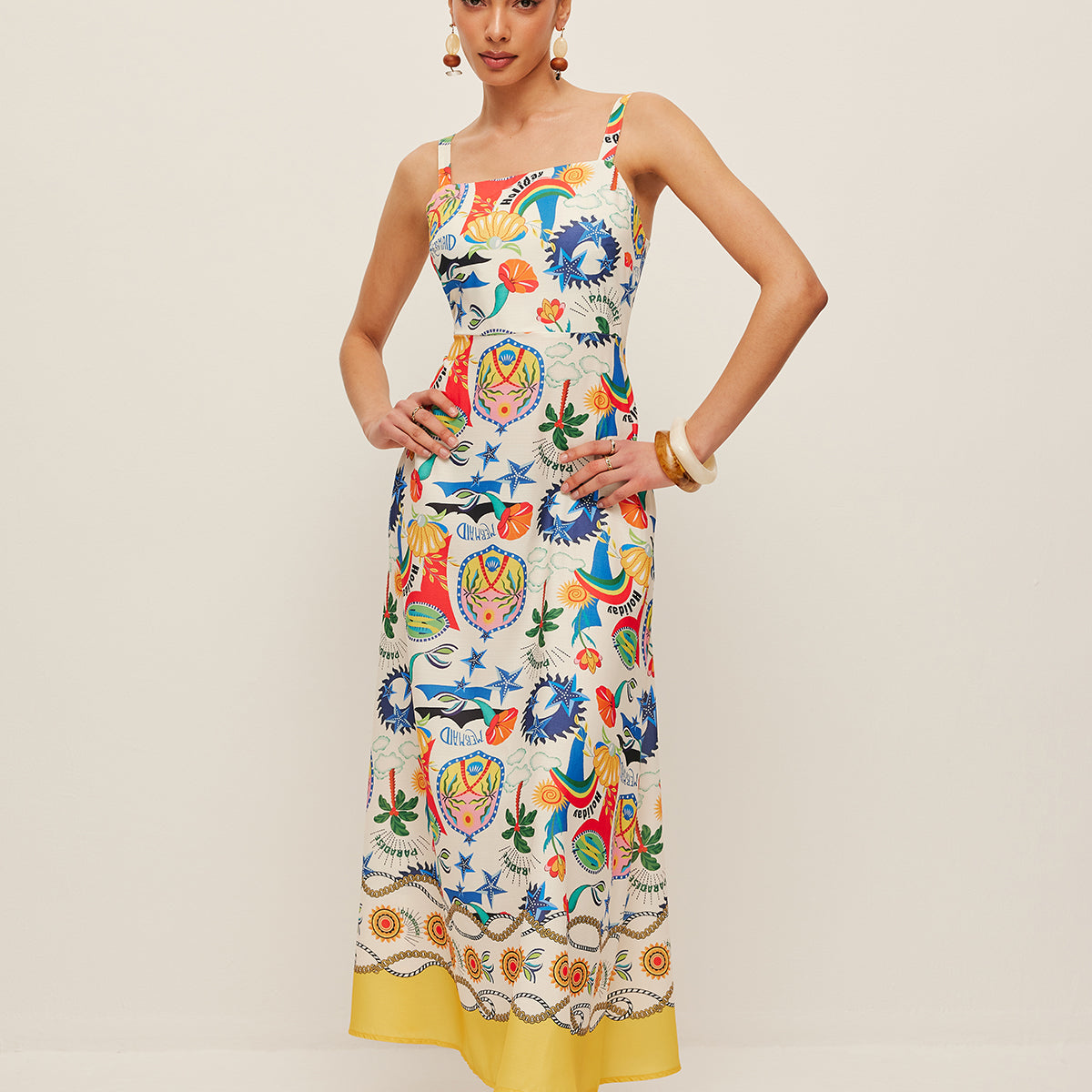 Renkli Desenli Askılı Elbise