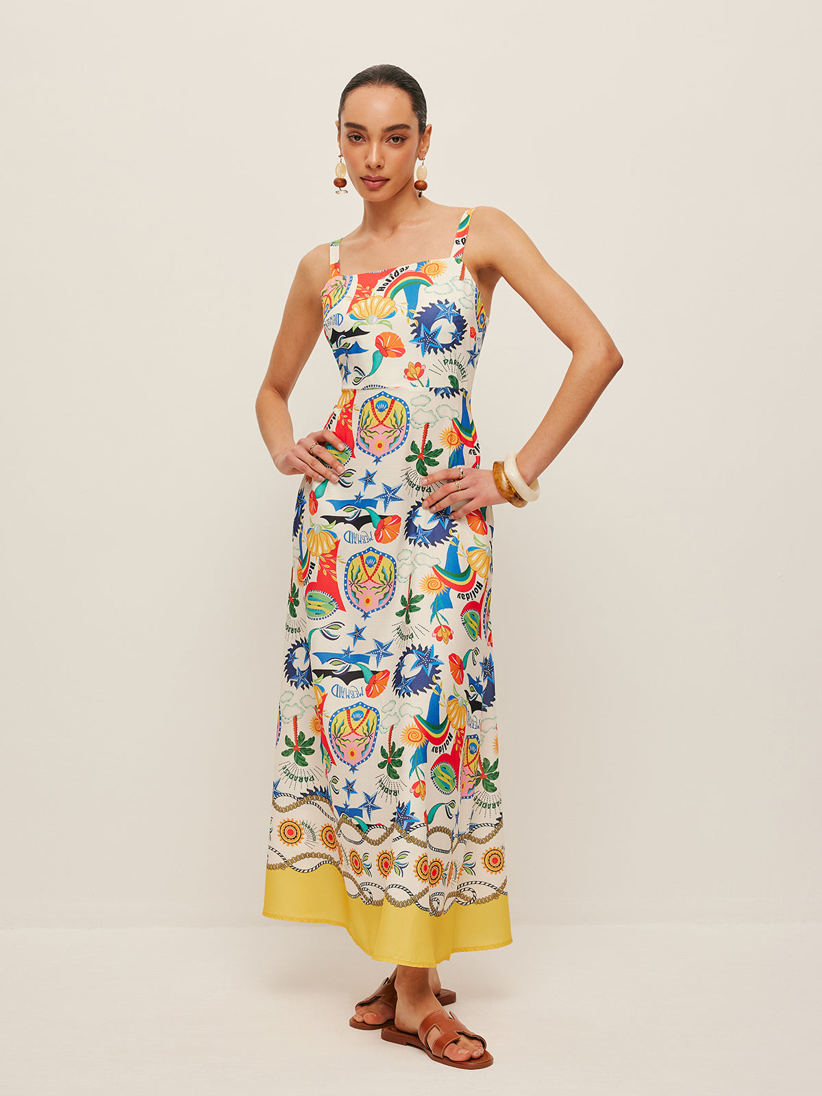 Renkli Desenli Askılı Elbise