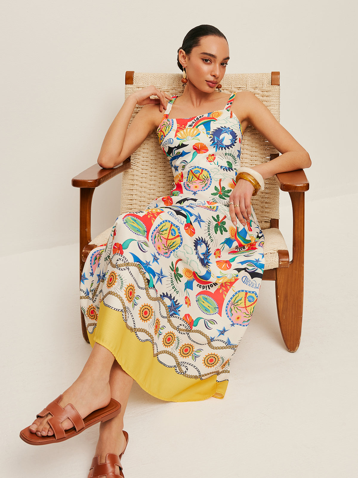 Renkli Desenli Askılı Elbise