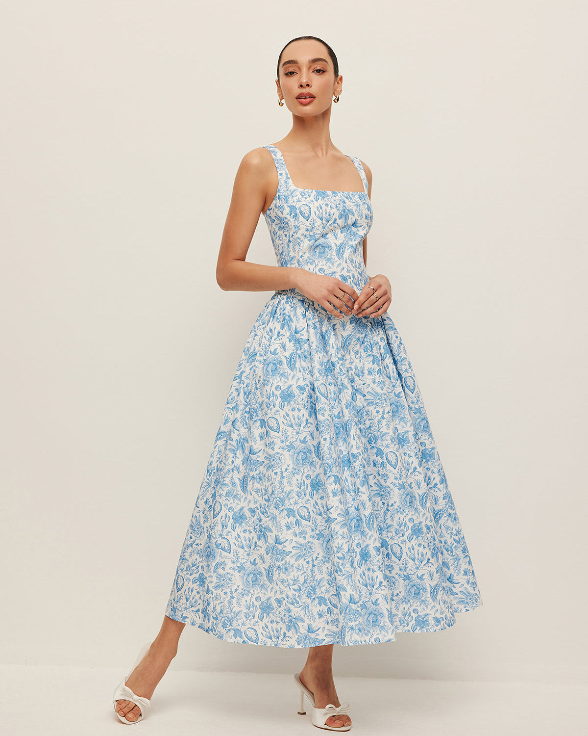 Kare Yaka Cepli Desenli Elbise