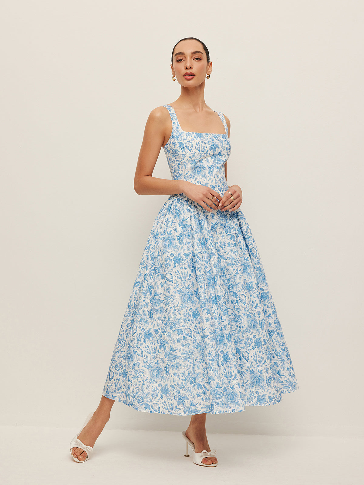 Kare Yaka Cepli Desenli Elbise