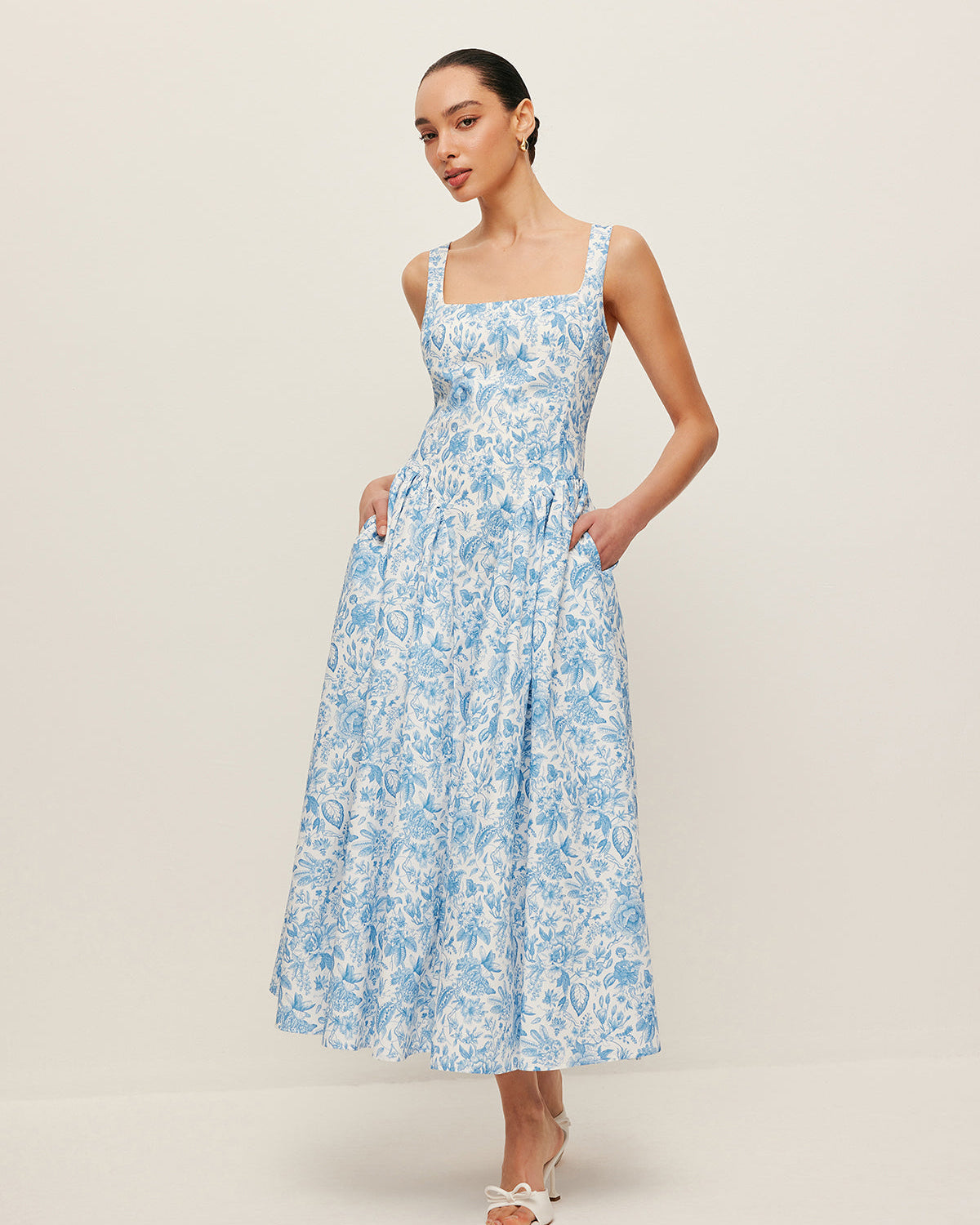 Kare Yaka Cepli Desenli Elbise