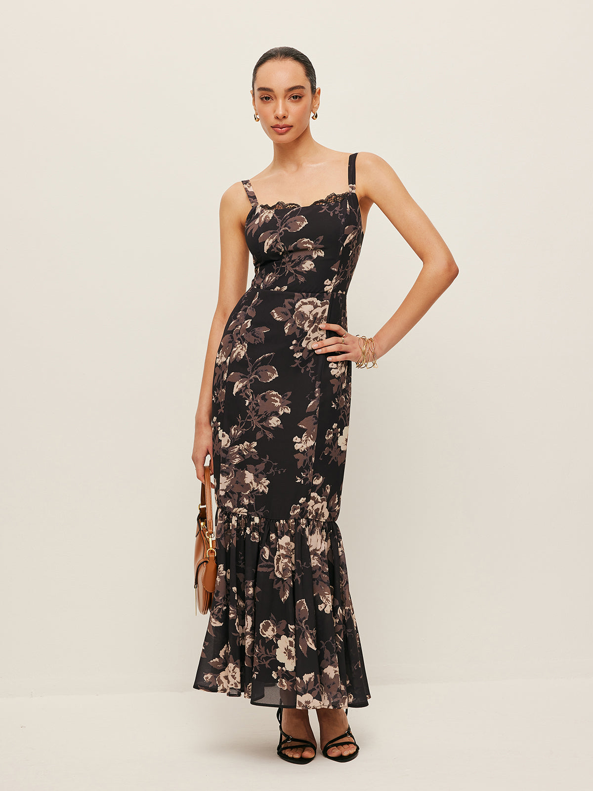 Şifon Çiçek Desenli Fırfırlı Elbise