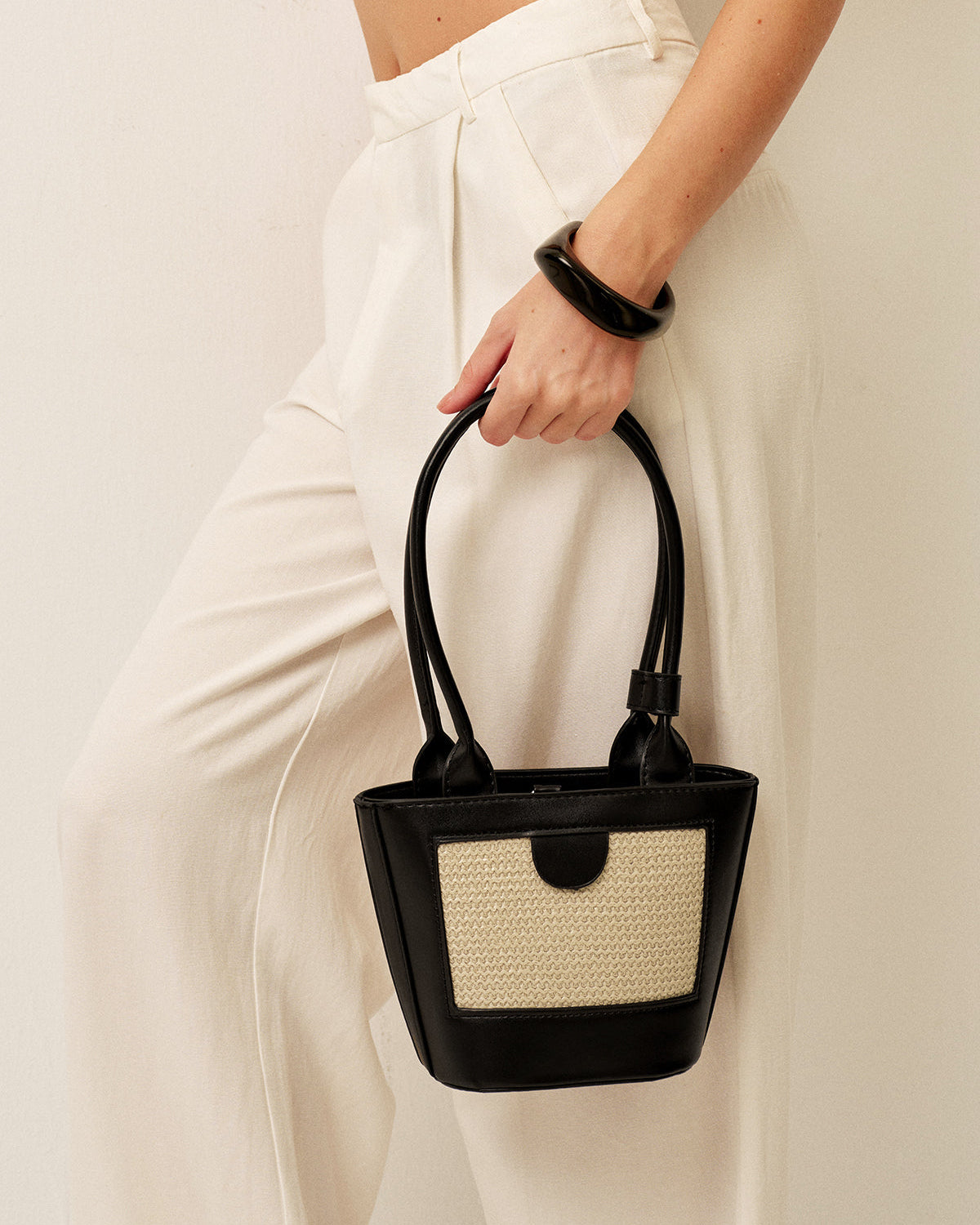 İki Renkli Dokuma Panelli Tote Çanta