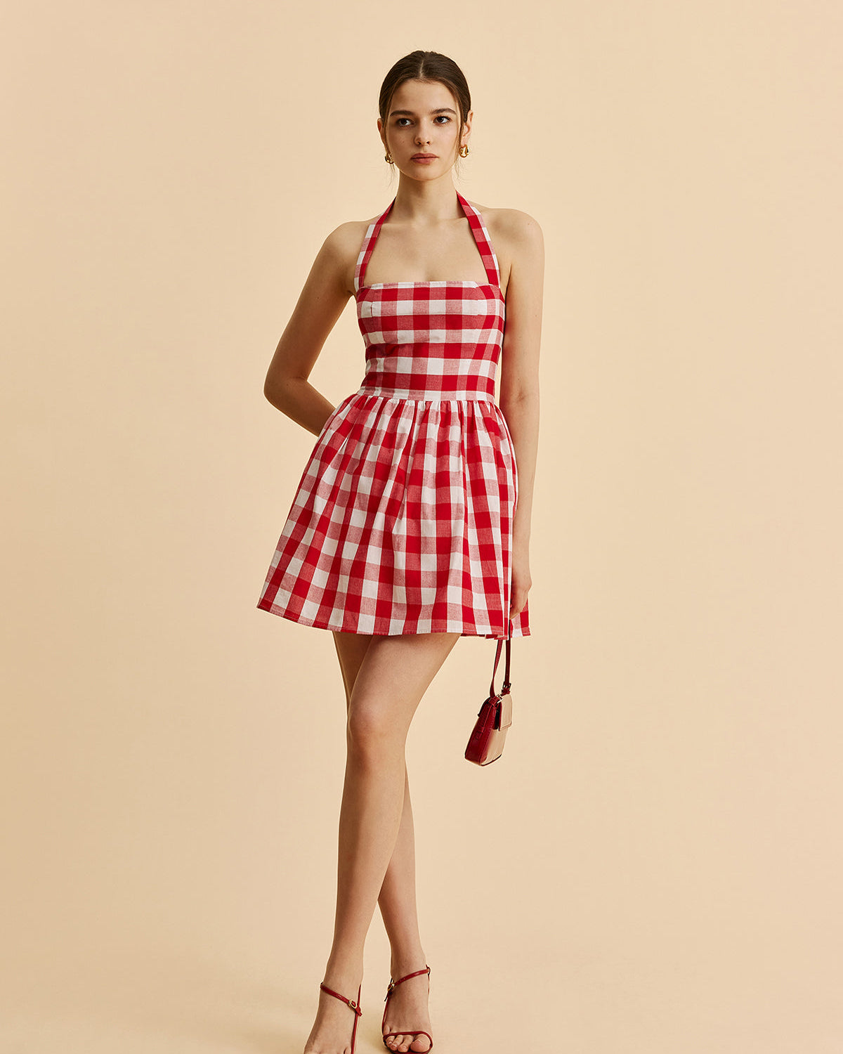 Ekose Desenli Halter Yaka Kloş Elbise