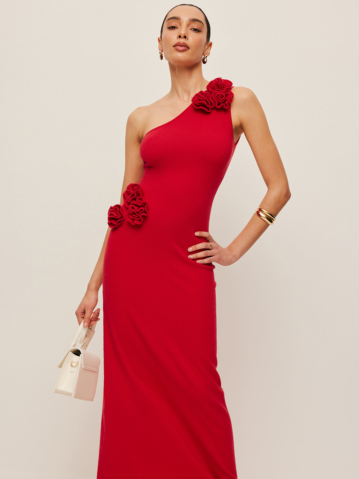 Tek Omuzlu Çiçek Aksesuar Detaylı Elbise