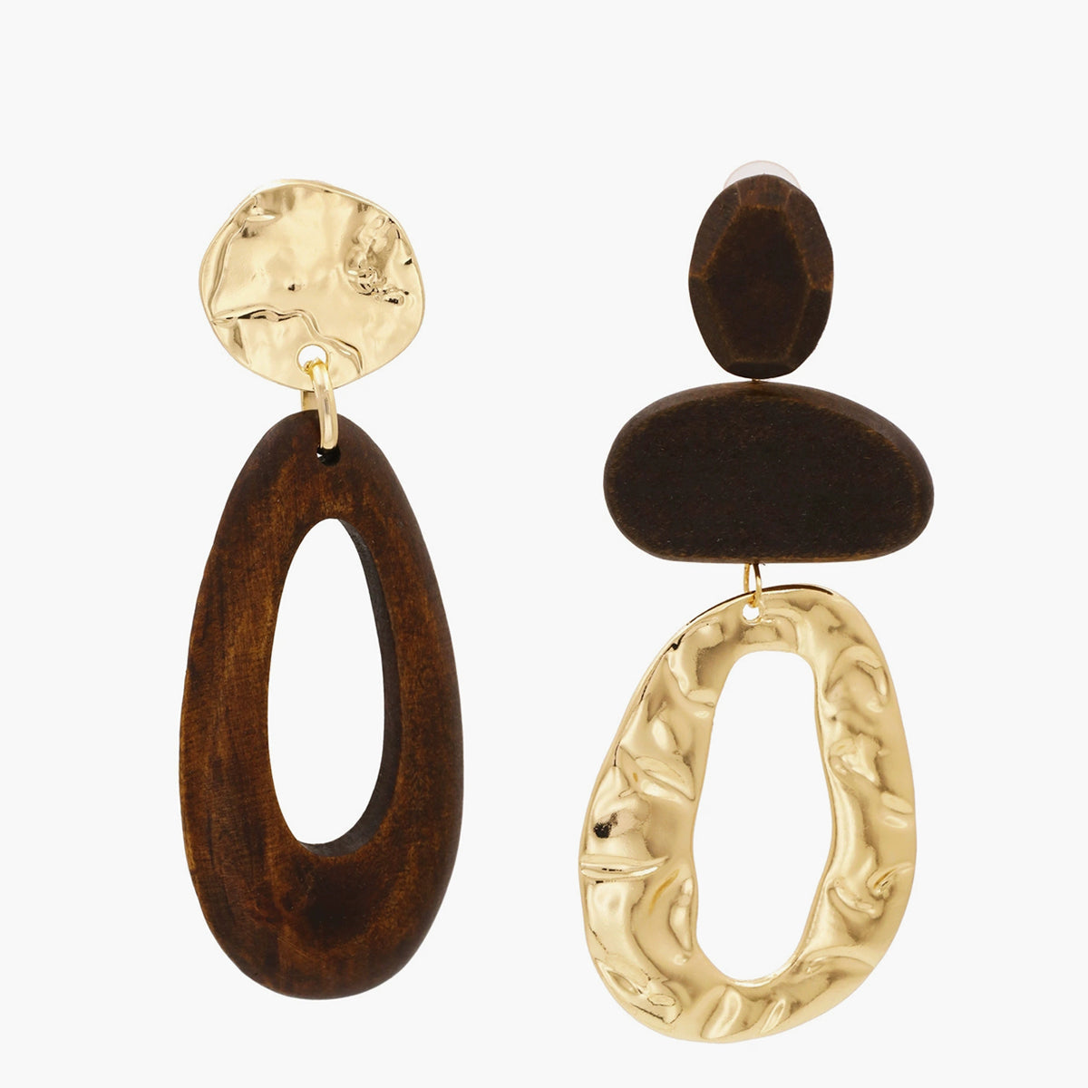 Asimetrik Ahşap ve Metal Sallantılı Küpeler