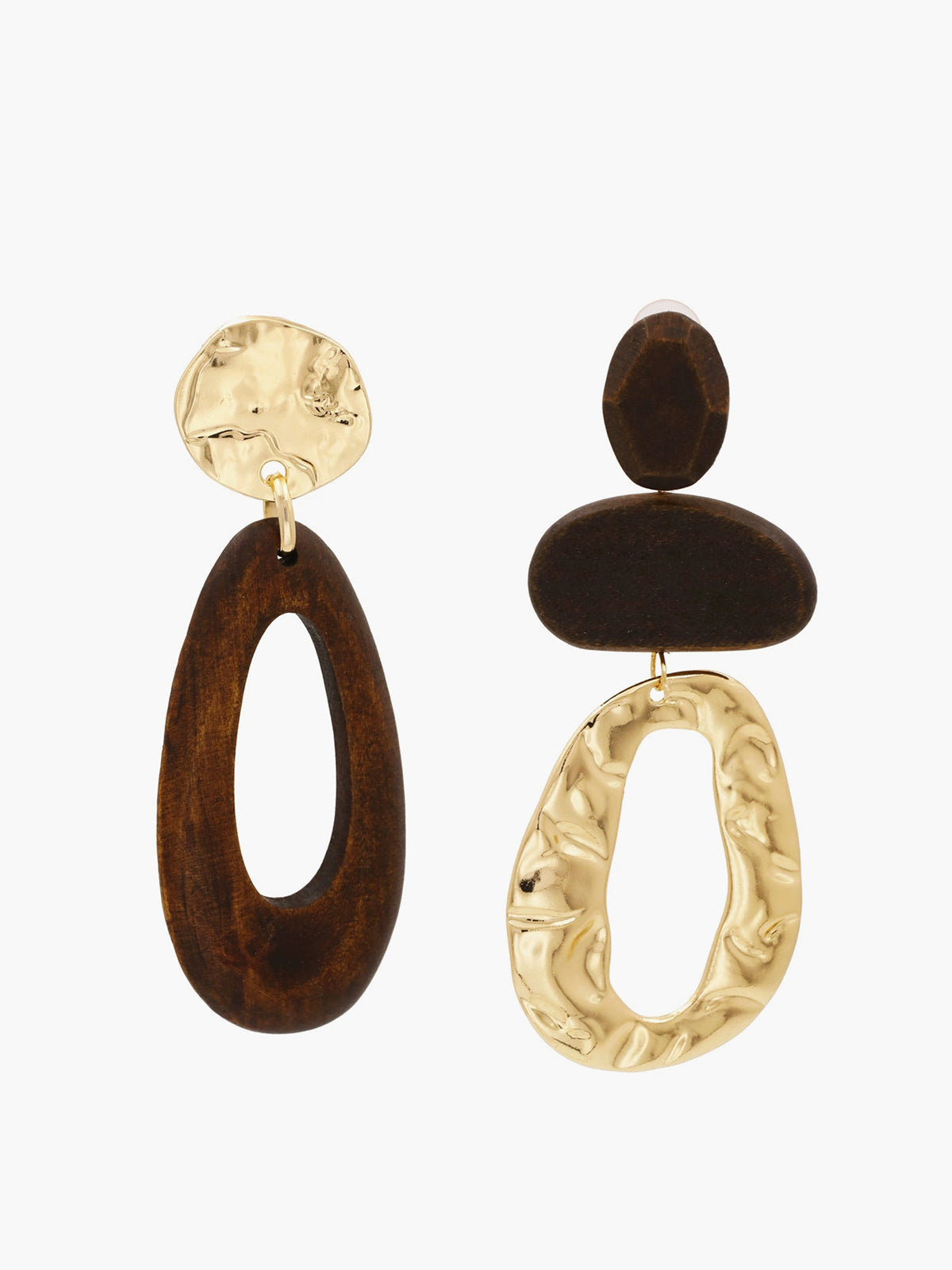 Asimetrik Ahşap ve Metal Sallantılı Küpeler