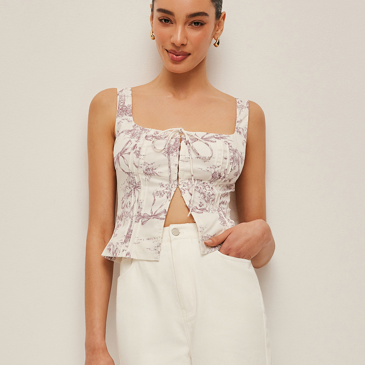 Baskılı Korse Görünümlü Önden Kopçalı Üst