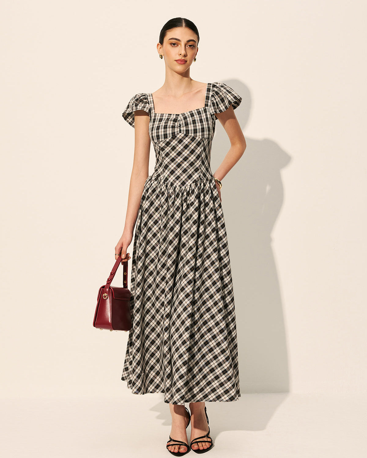 Dama Desenli Balon Kollu Elbise