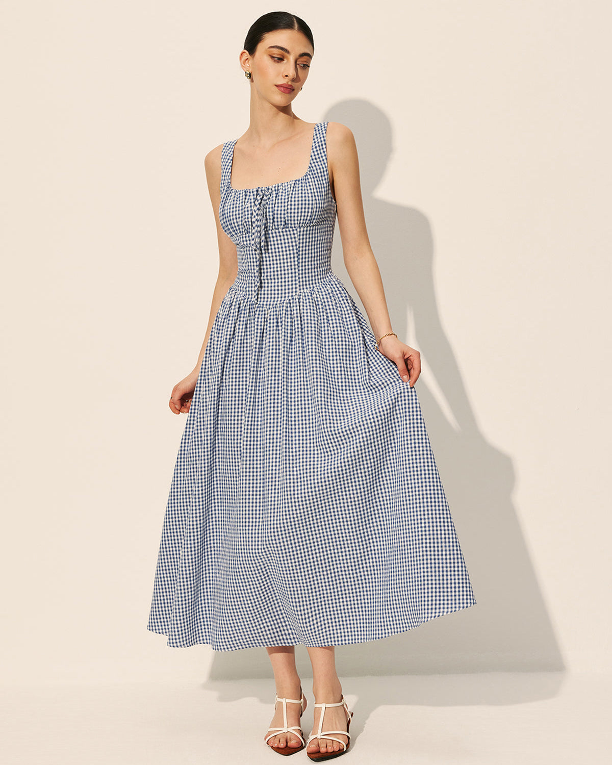 Pamuklu Dama Desenli Önden Bağlamalı Elbise