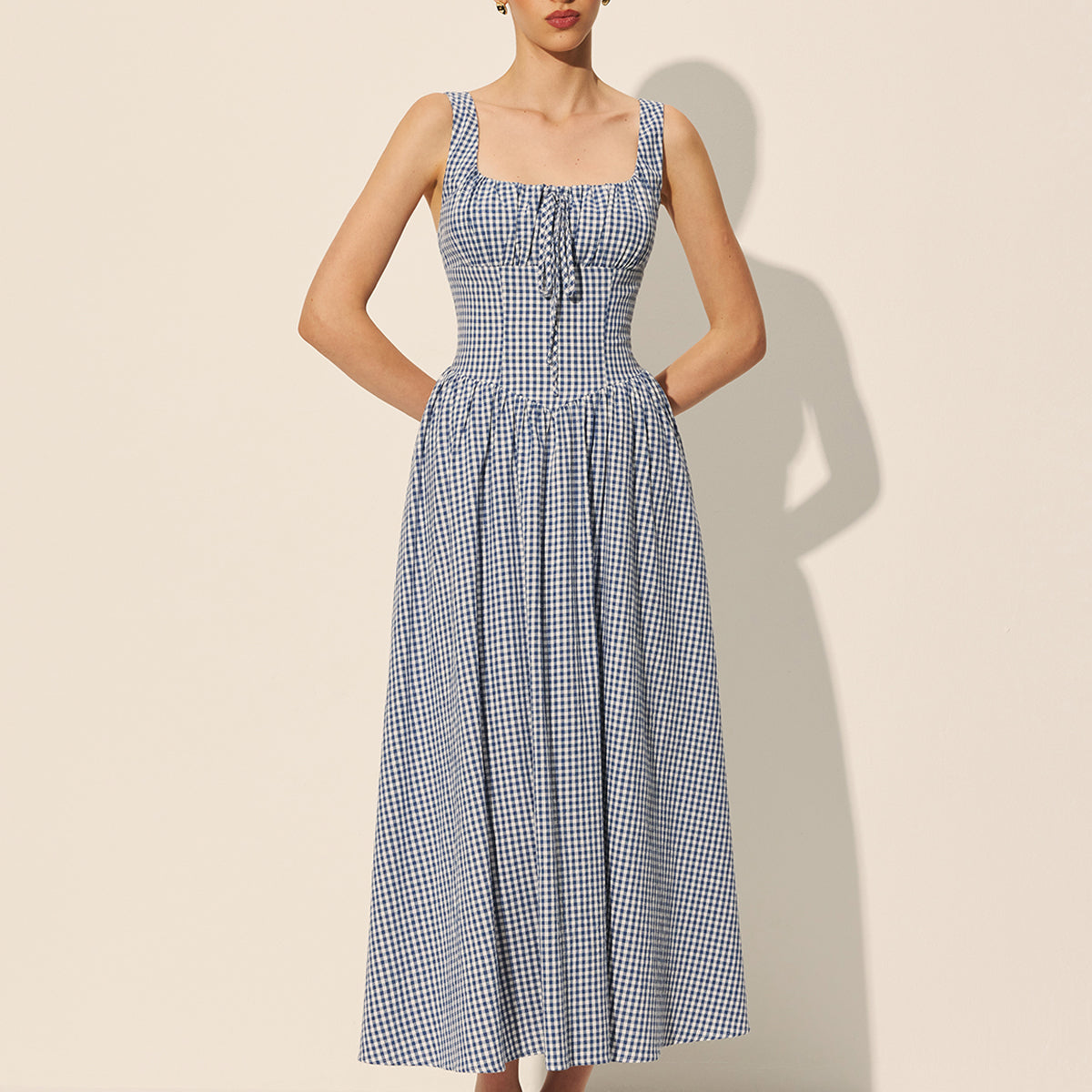 Pamuklu Dama Desenli Önden Bağlamalı Elbise