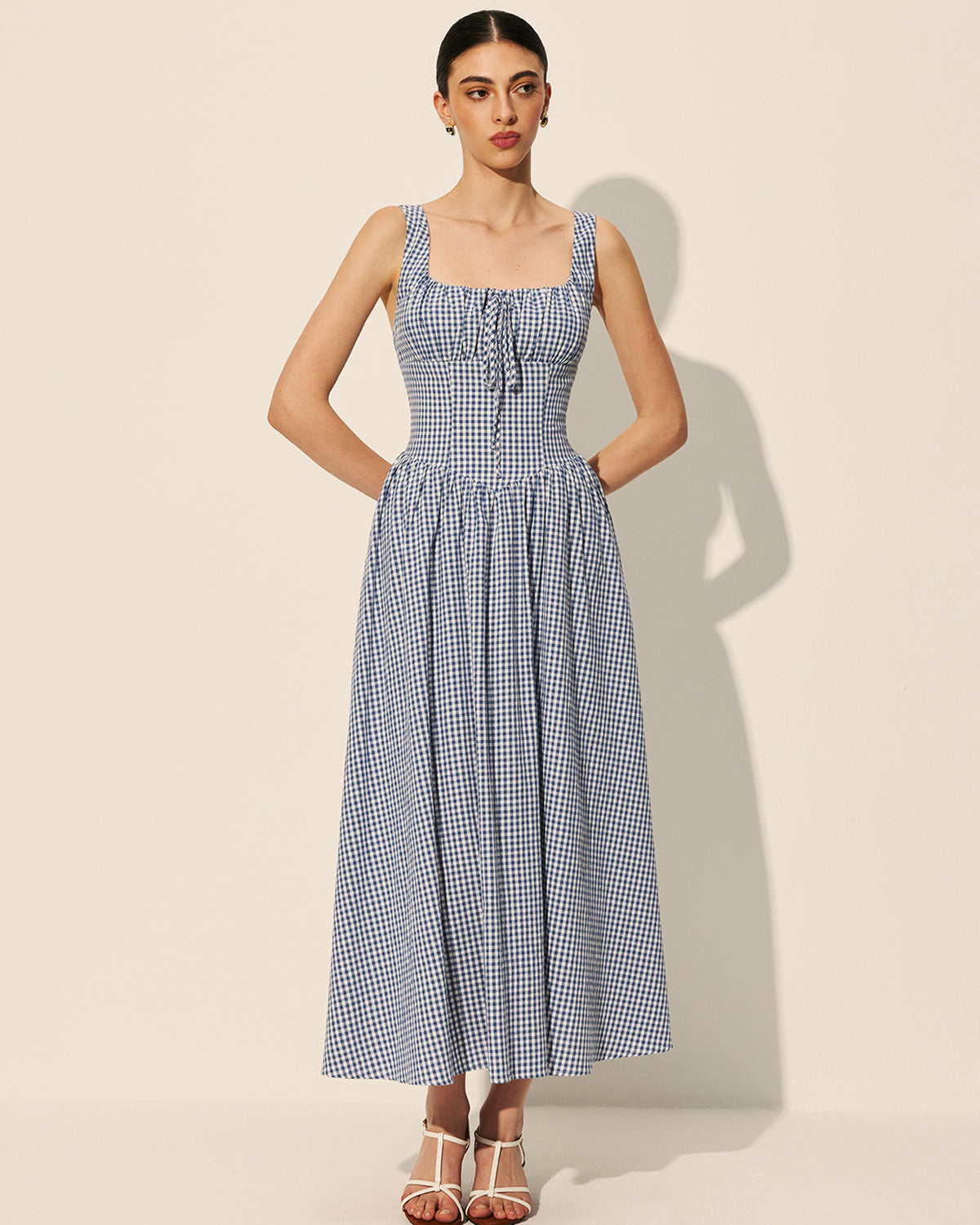 Pamuklu Dama Desenli Önden Bağlamalı Elbise