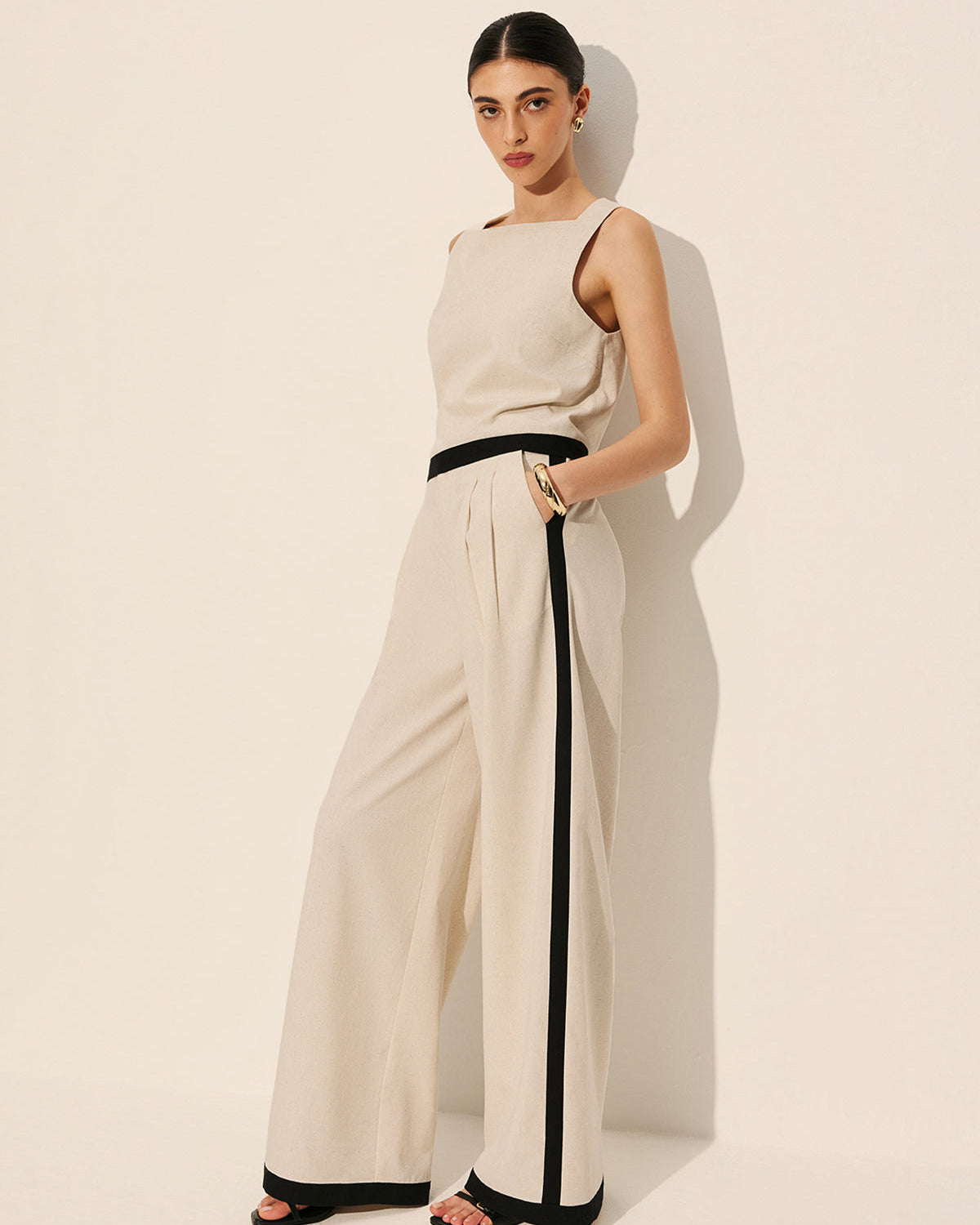 Keten ve Pamuk Karışımlı Kontrast Biye Detaylı Fermuarlı Pantolon Takımı