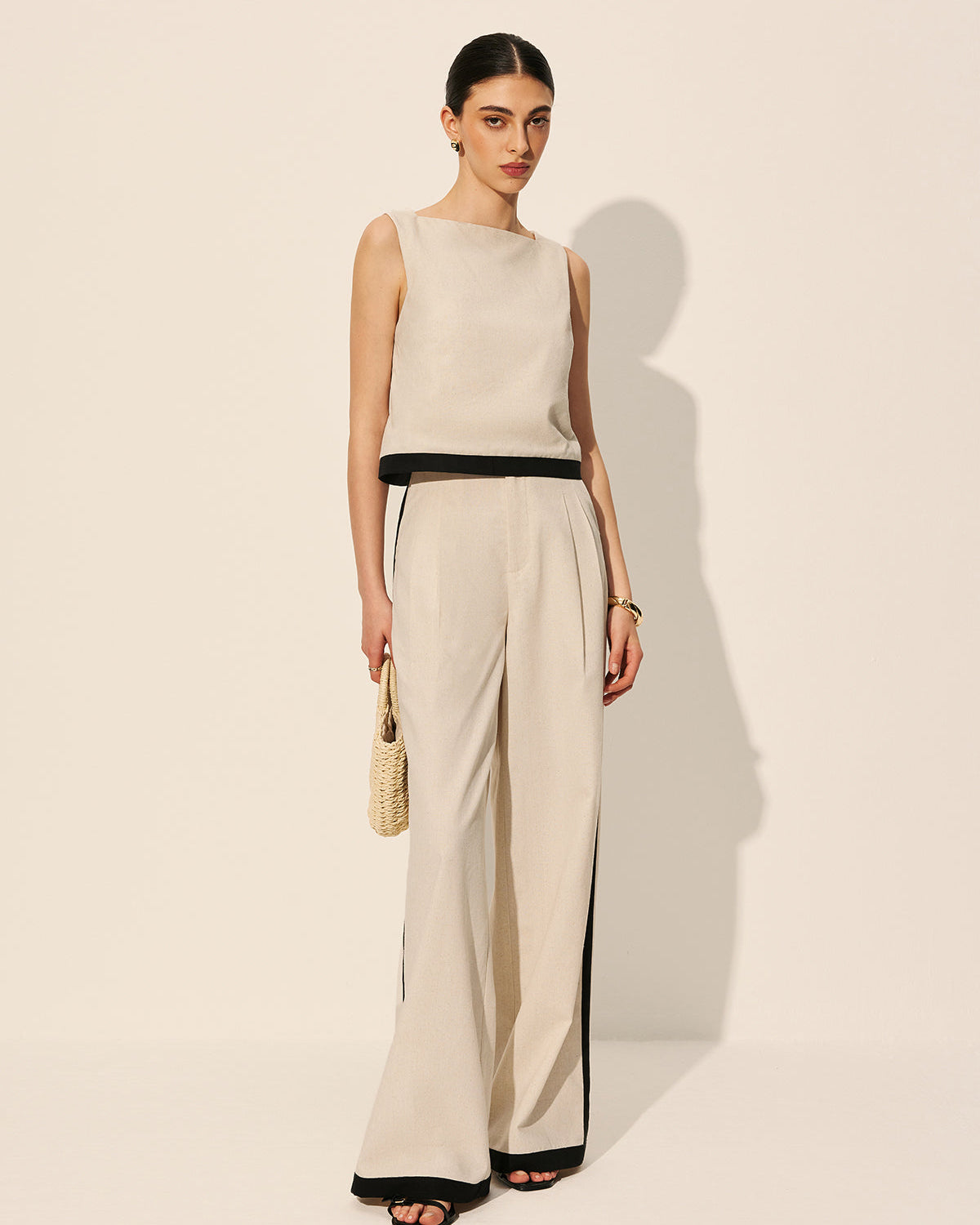 Keten ve Pamuk Karışımlı Kontrast Biye Detaylı Fermuarlı Pantolon Takımı