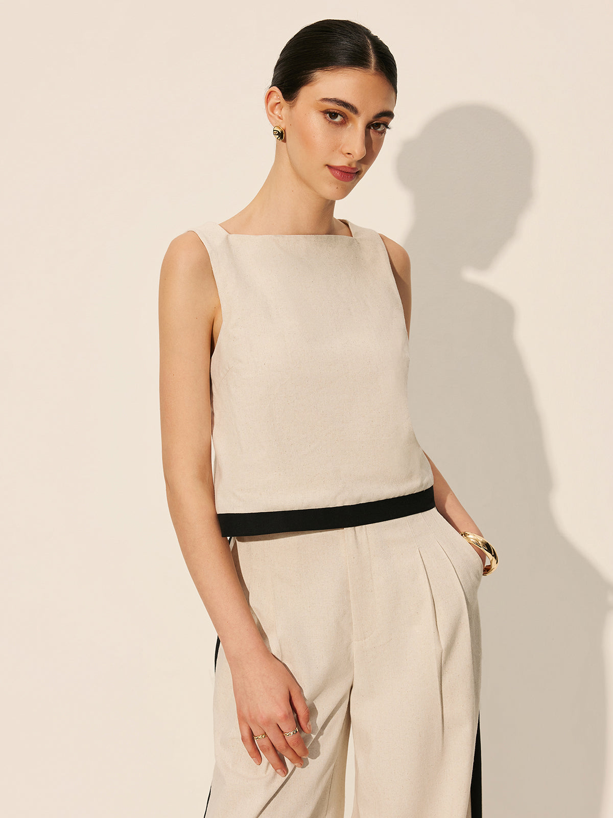 Keten ve Pamuk Karışımlı Kontrast Biye Detaylı Fermuarlı Pantolon Takımı