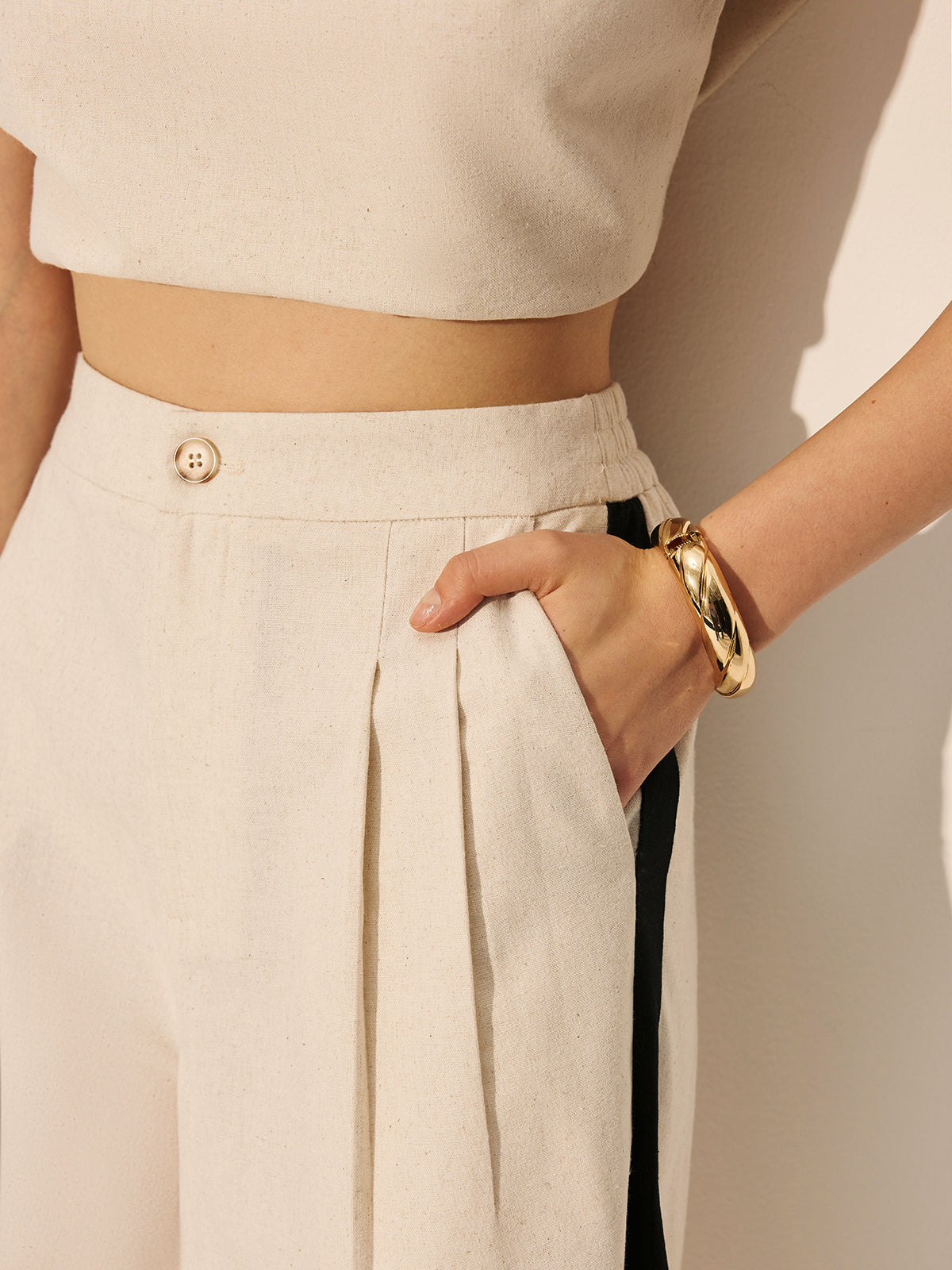 Keten ve Pamuk Karışımlı Kontrast Biye Detaylı Fermuarlı Pantolon Takımı