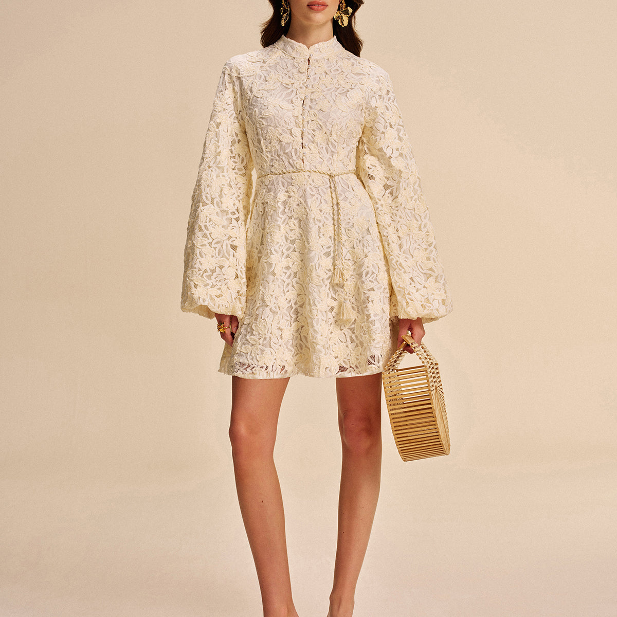 Dantel Balon Kollu Kuşaklı Elbise