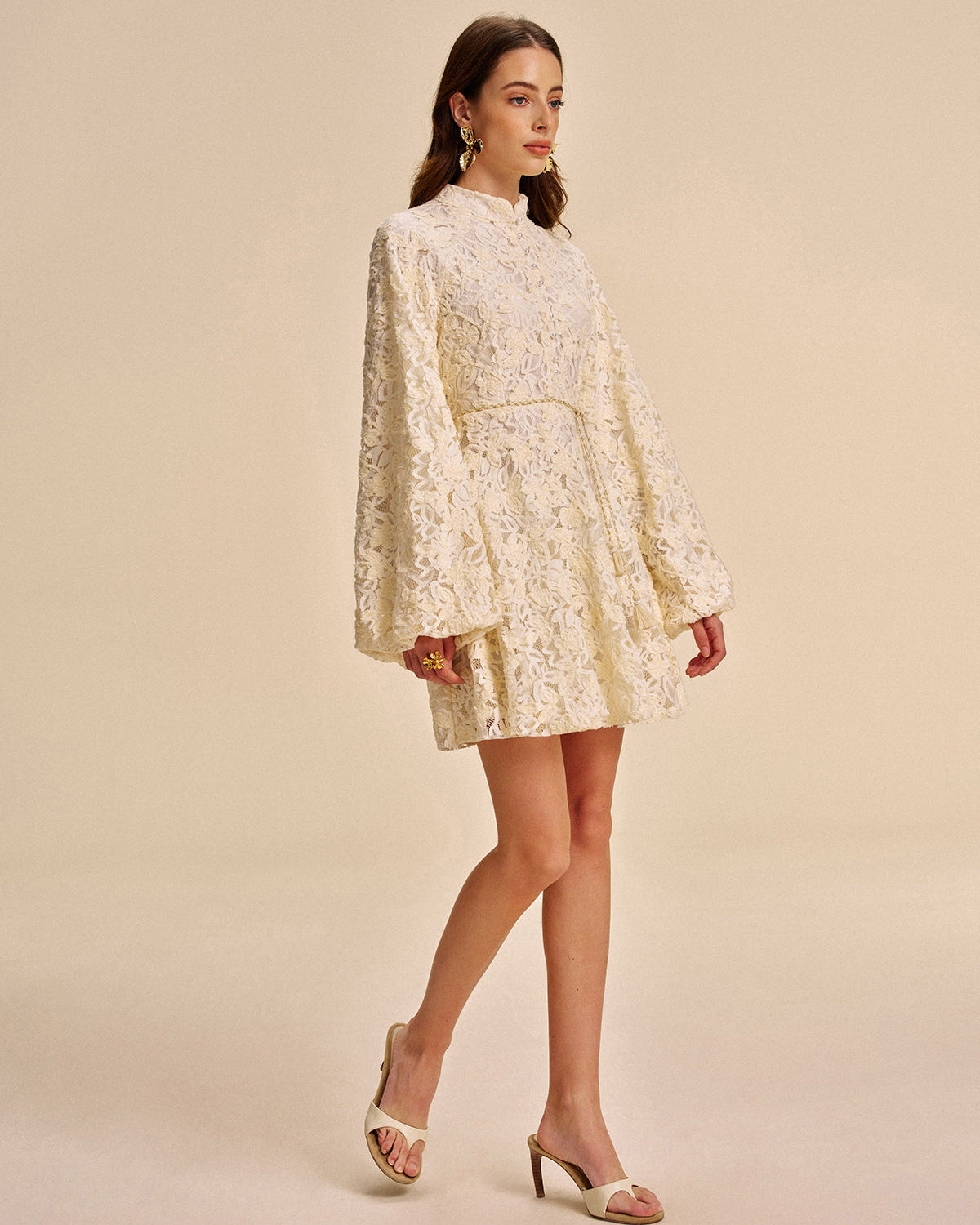 Dantel Balon Kollu Kuşaklı Elbise