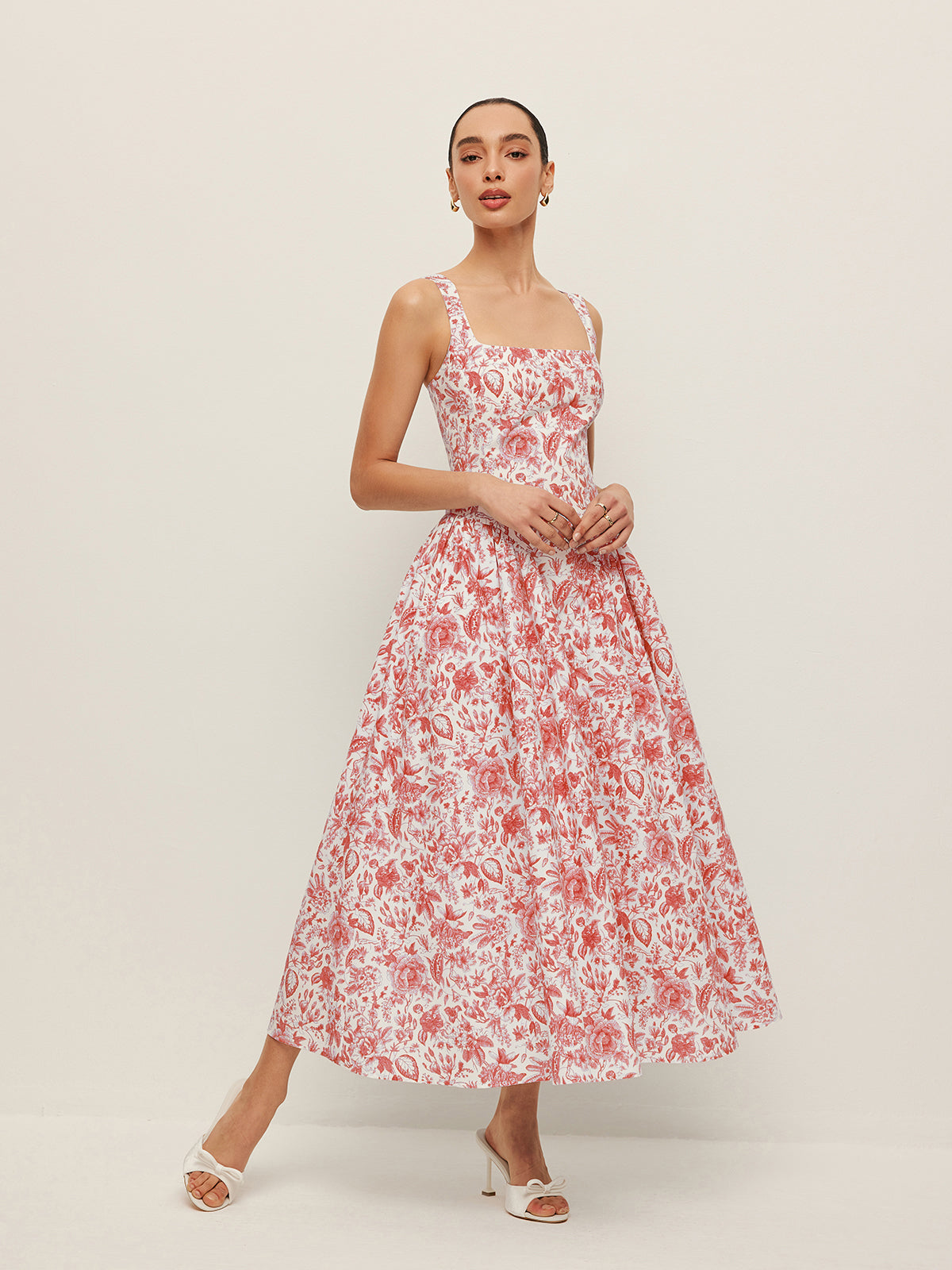 Kare Yaka Cepli Desenli Elbise