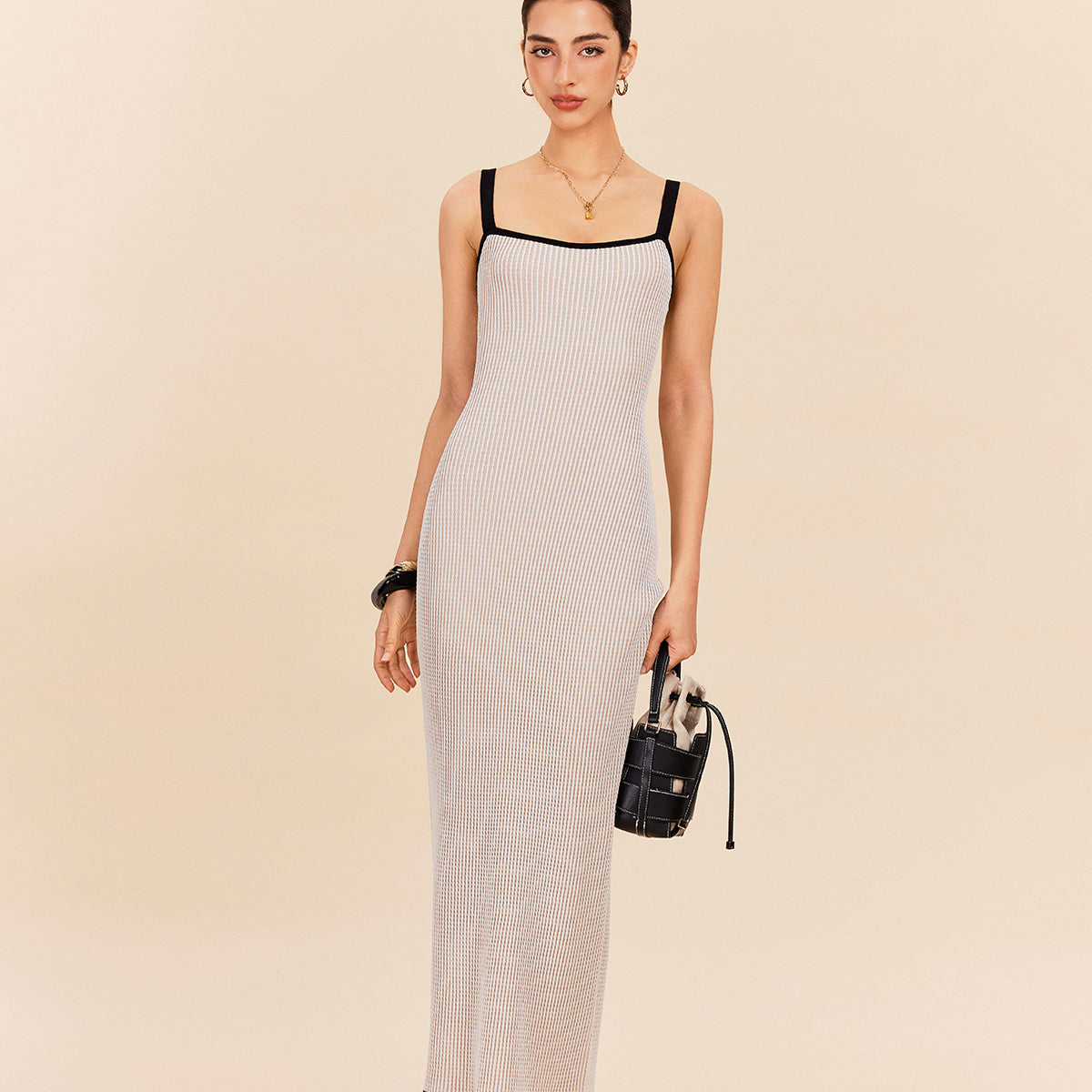 Çizgili Kontrast Kesim İnce Askılı Kazak Elbise