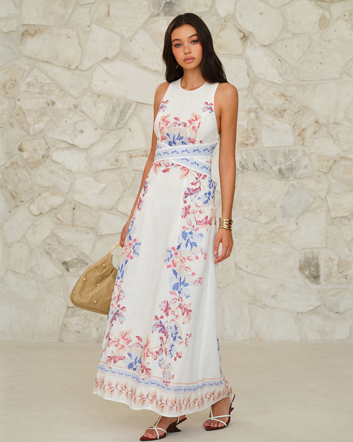 Kolsuz Çiçek Desenli Uzun Elbise