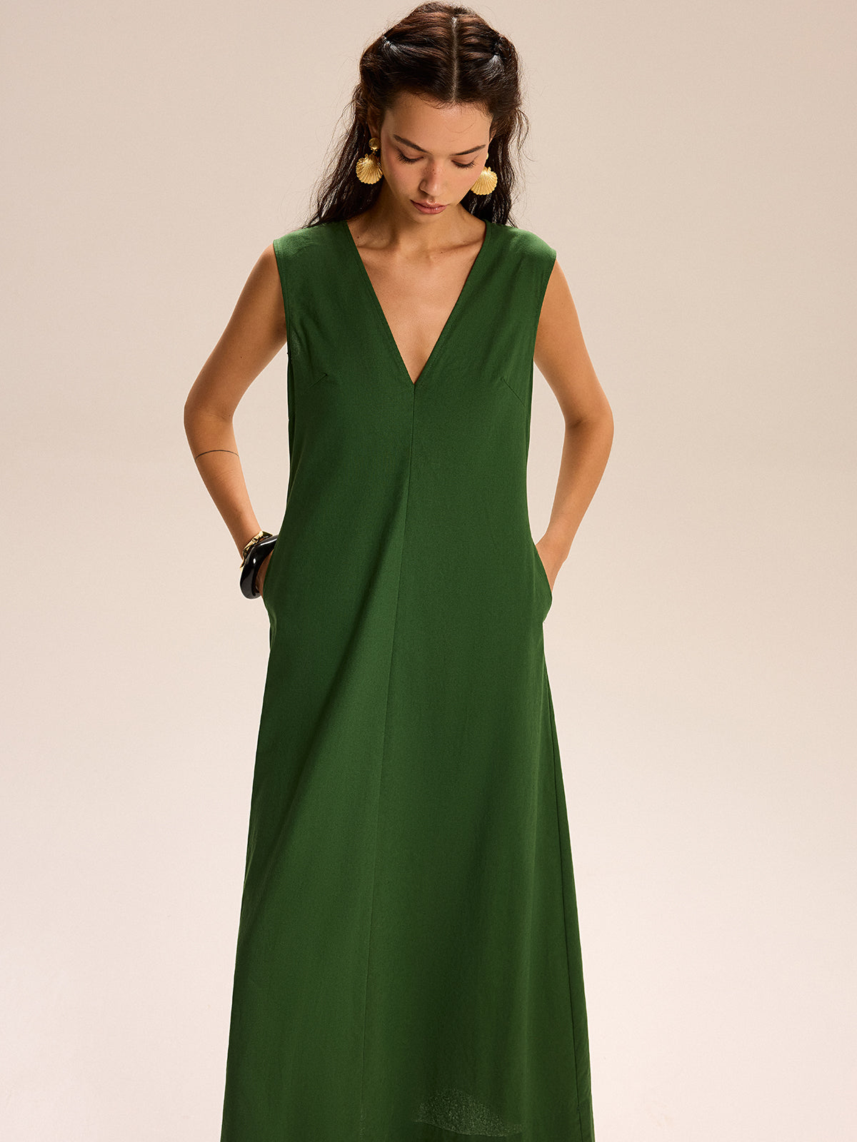 Keten Ve Pamuklu Cepli V Yaka Uzun Elbise