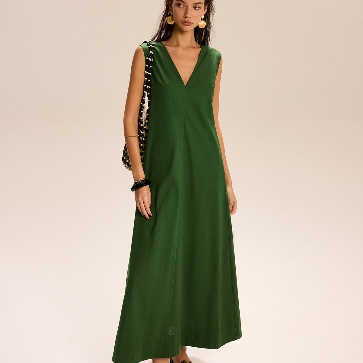 Keten Ve Pamuklu Cepli V Yaka Uzun Elbise