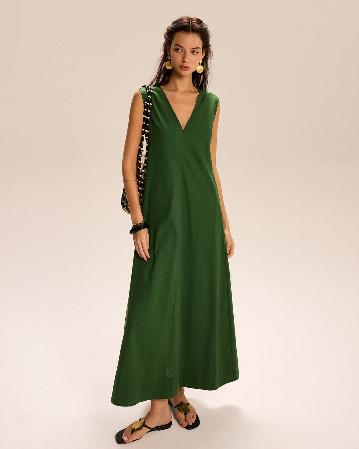 Keten Ve Pamuklu Cepli V Yaka Uzun Elbise