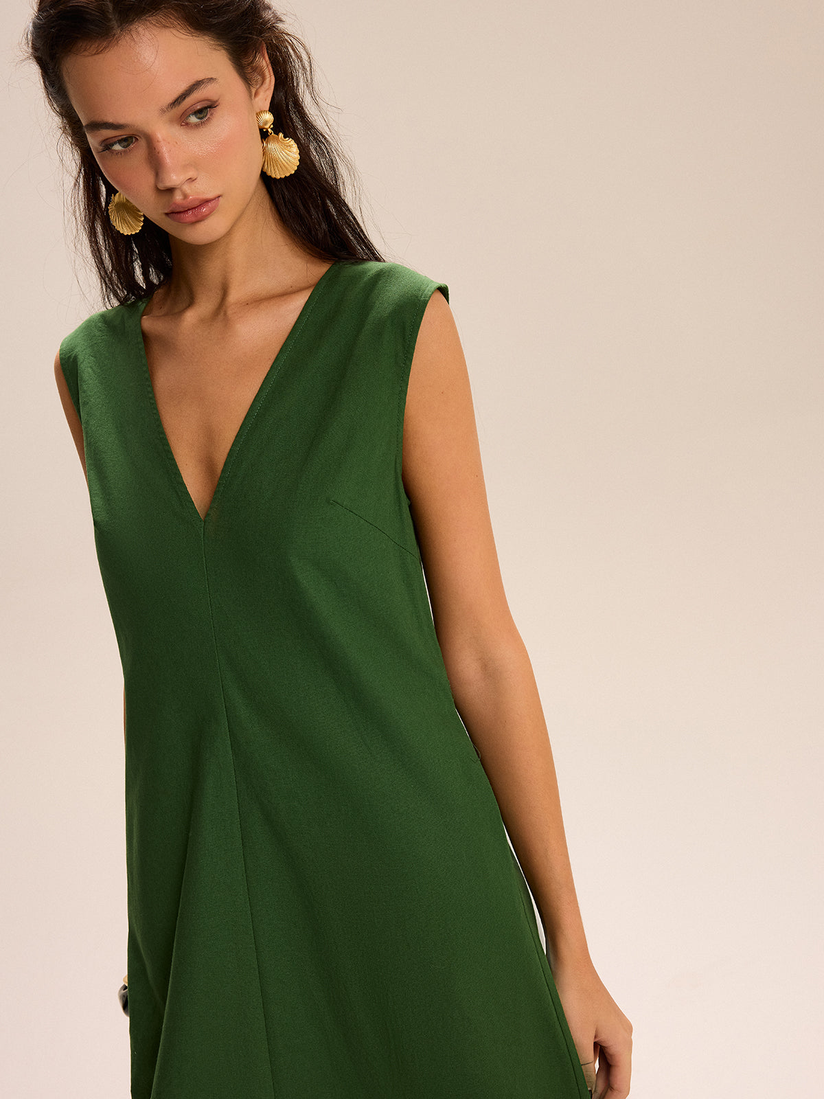 Keten Ve Pamuklu Cepli V Yaka Uzun Elbise