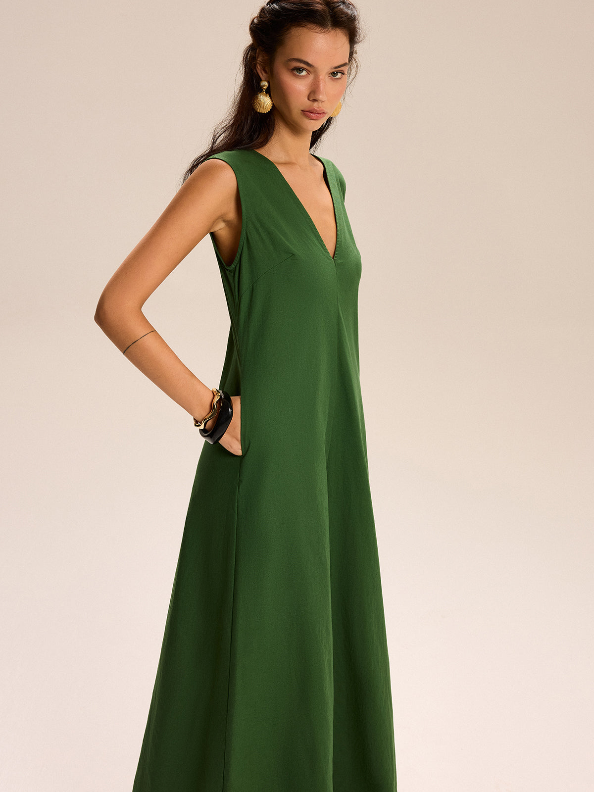 Keten Ve Pamuklu Cepli V Yaka Uzun Elbise