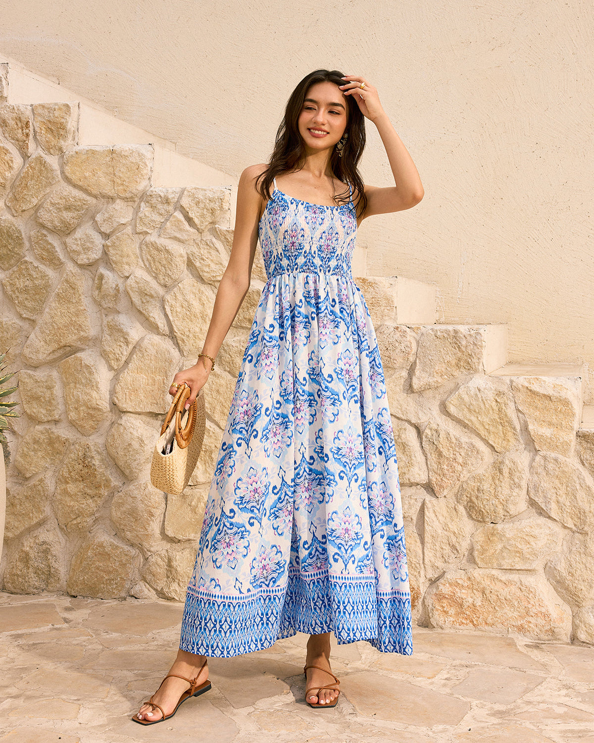 Bohem Çiçek Desenli Kloş Uzun Elbise