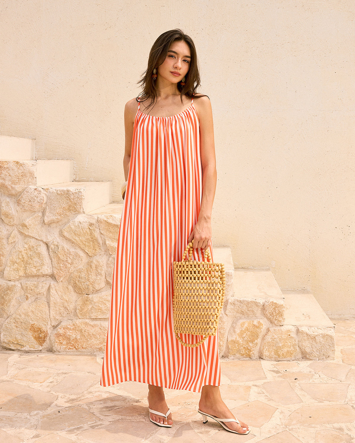 Çizgili Sırtı Açık Uzun Elbise