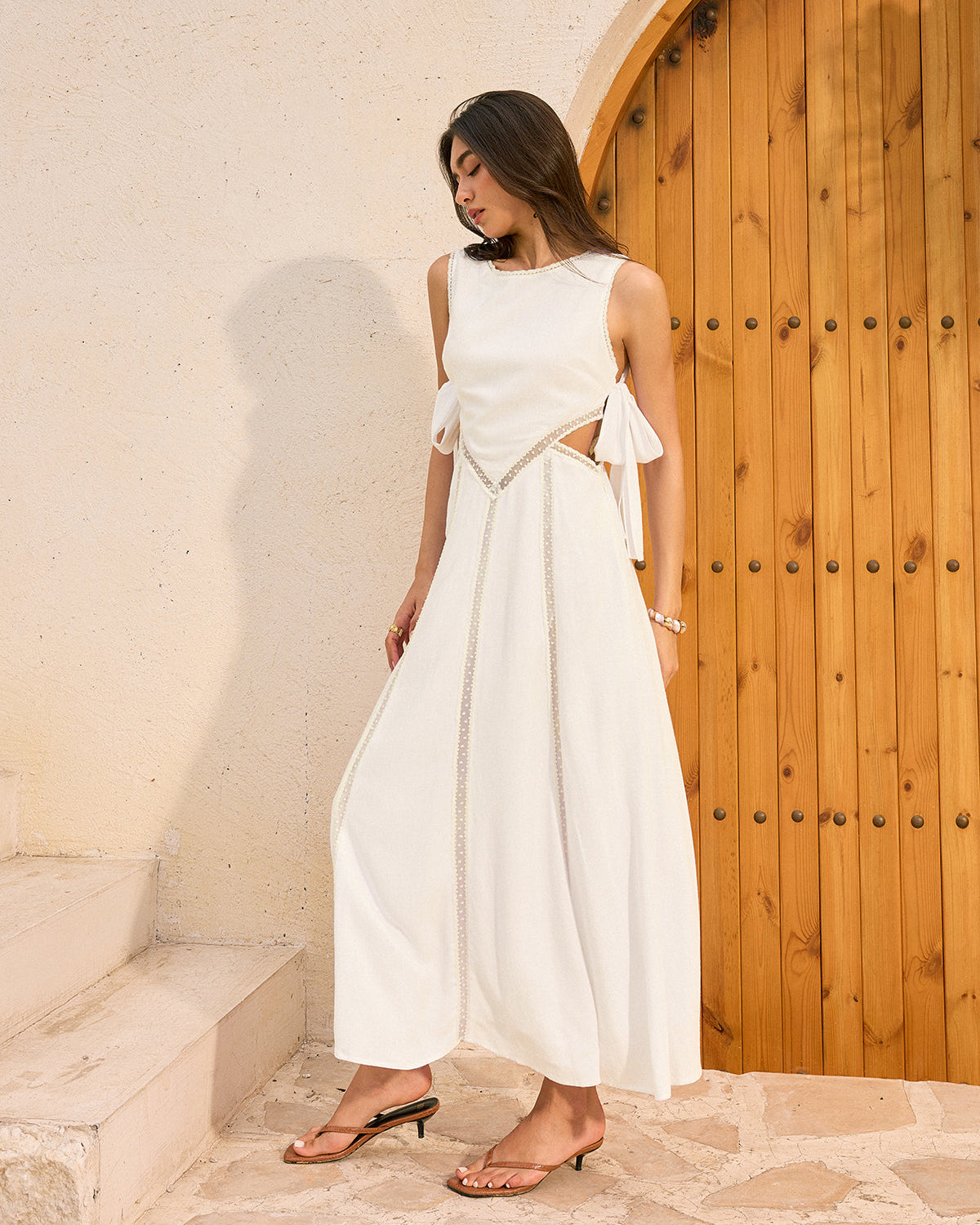 Keten Ve Pamuklu Kesik Bağcıklı Uzun Elbise